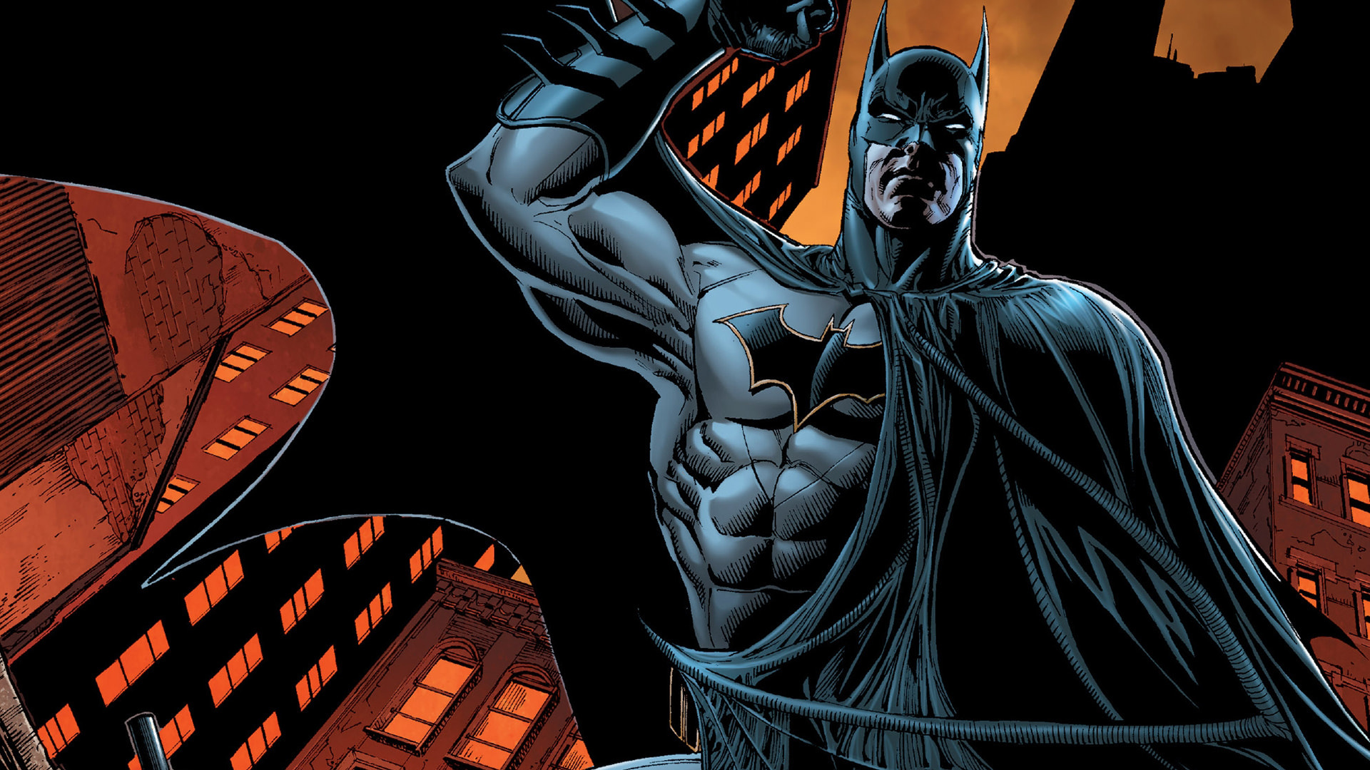 Batman in flight, Action scene, Gotham backdrop, Comic book, DC universe, 1920x1080 Full HD Desktop
