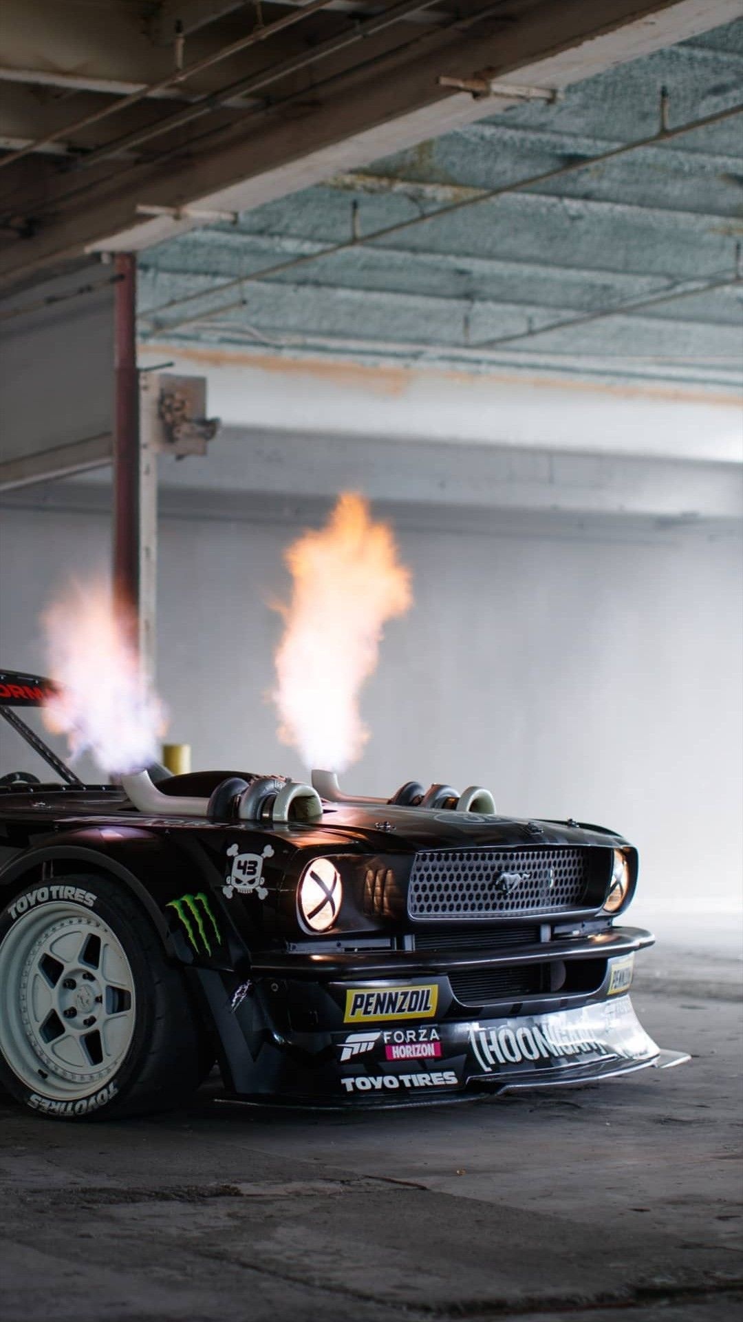 1965 Ford Mustang Hoonicorn, twin turbo exhaust flames, concrete parking garage, Full HD Phone wallpaper