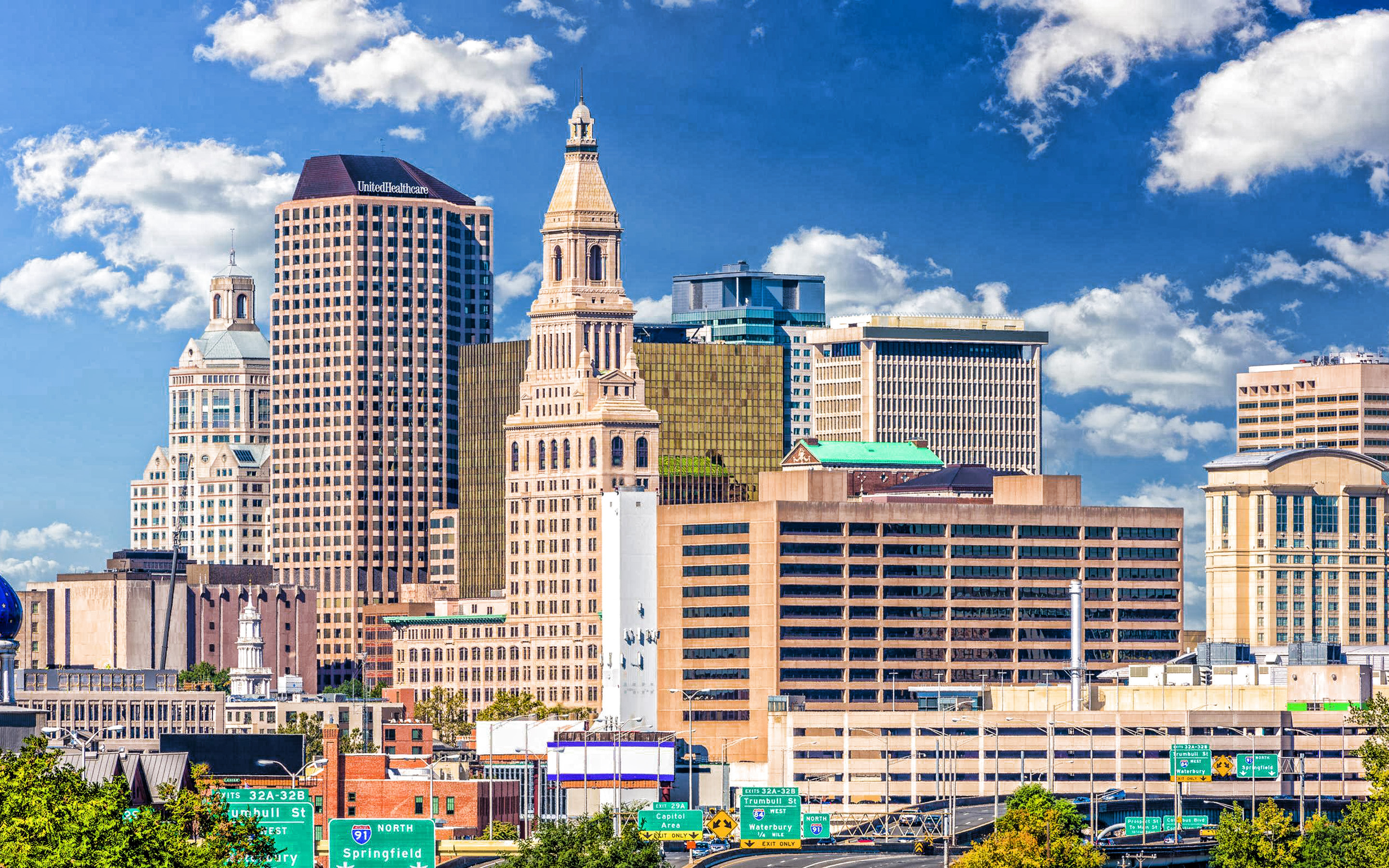 Hartford, Connecticut, Evening travelers tower, Goodwin square, 2880x1800 HD Desktop