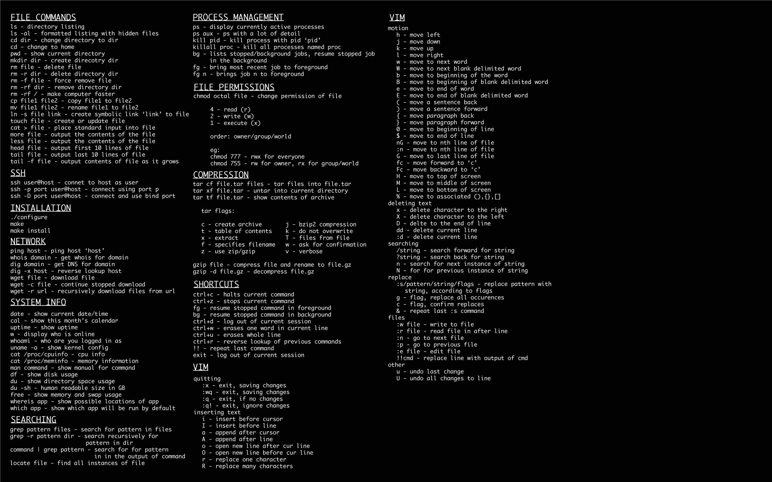Linux command cheat sheet, Vim editor commands reference, monospaced command line text, HD Desktop wallpaper