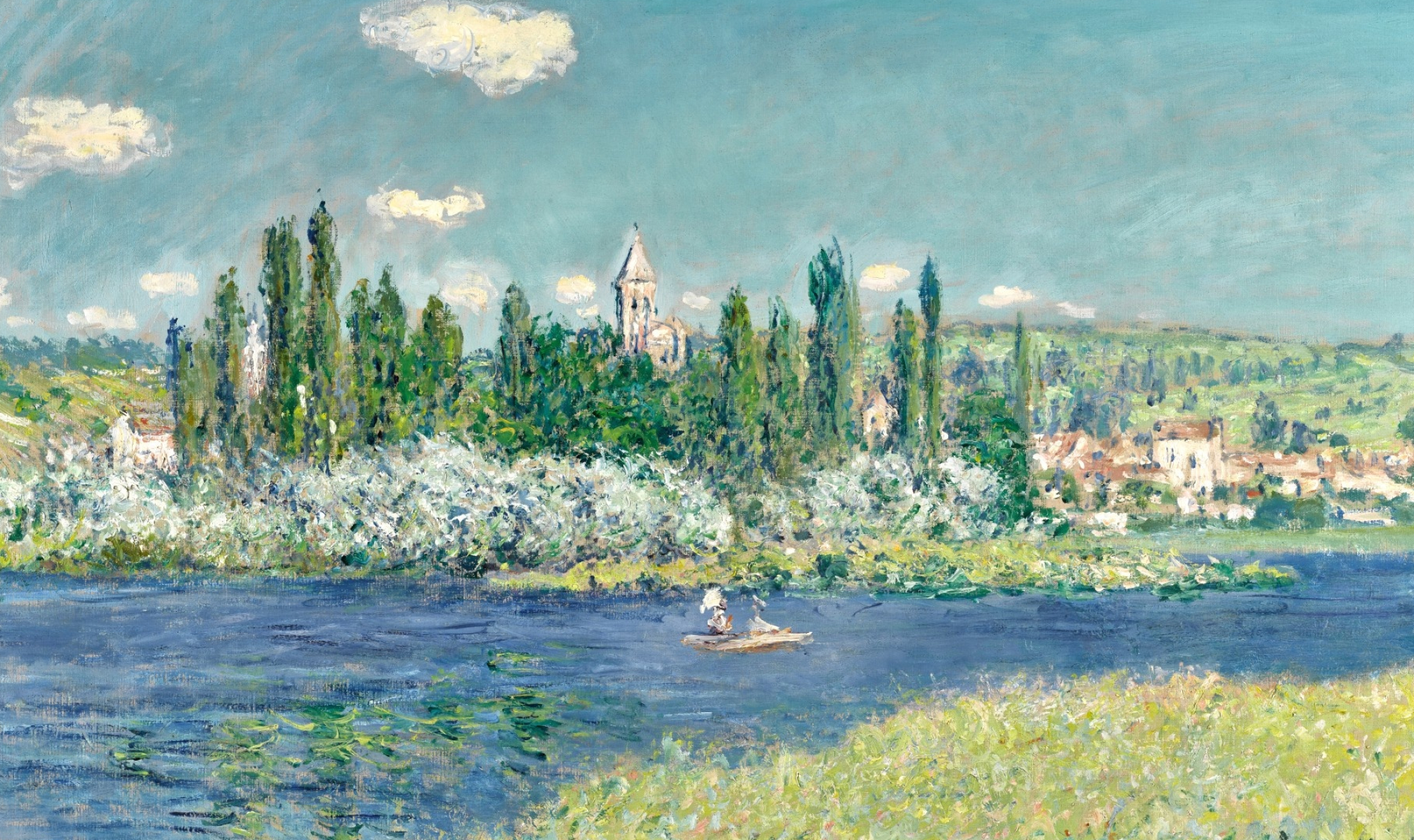 Vetheuil church, Seine River, rowboat with parasol, HD Desktop wallpaper