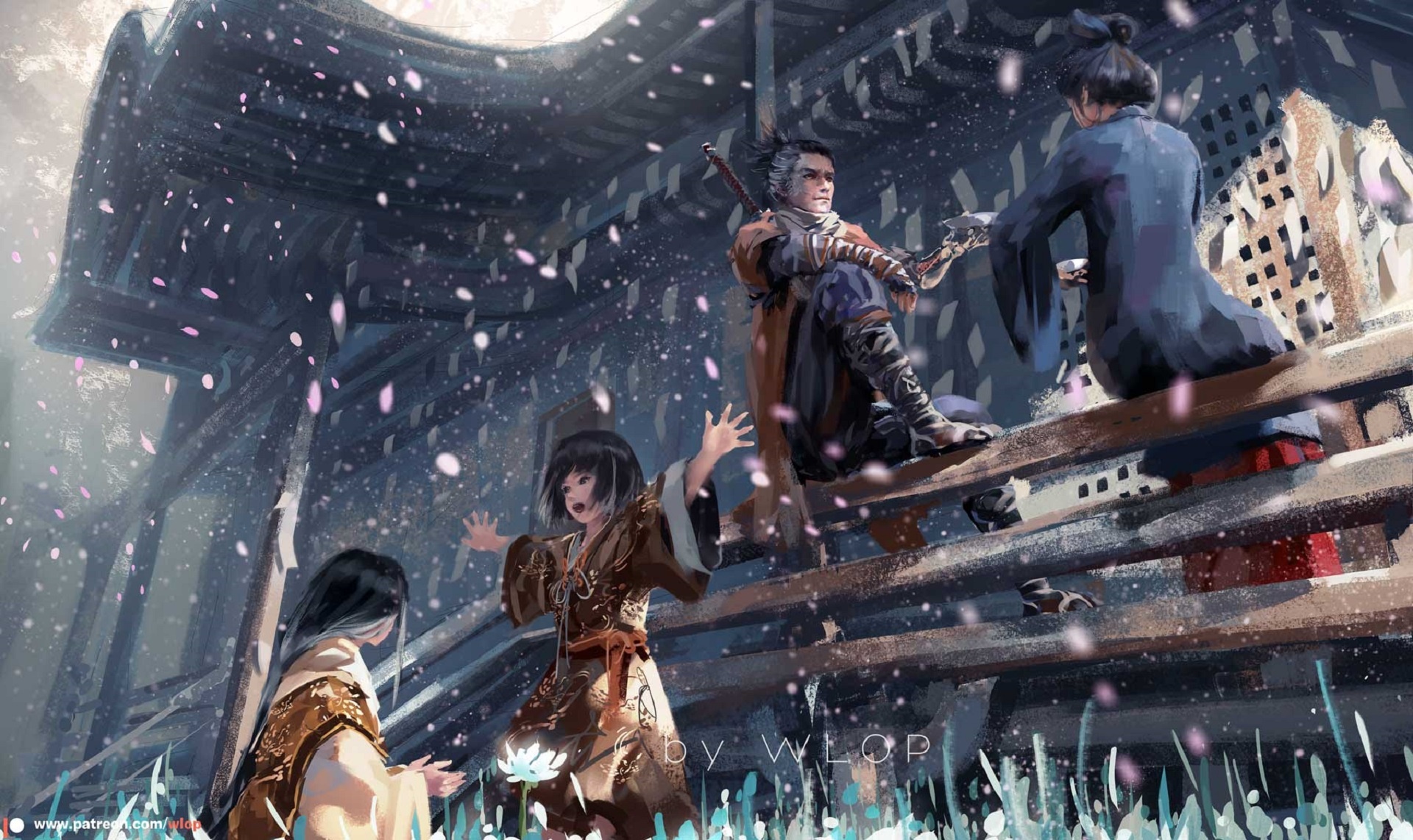 Sekiro, Lord Kuro, Emma, falling cherry blossom petals, by WLOP text, HD Desktop wallpaper