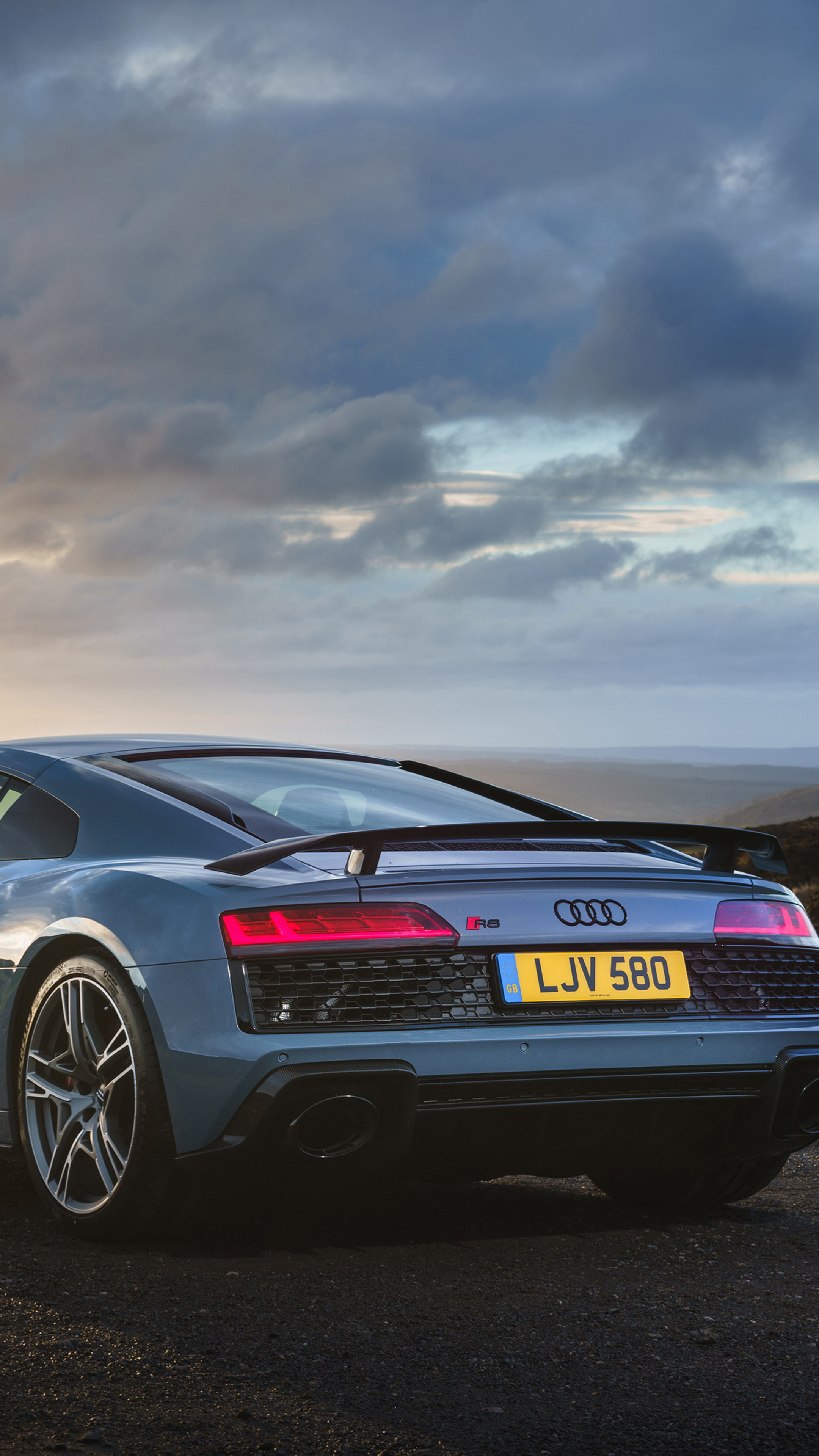 Audi R8 V10 Coupe, fixed rear wing spoiler, overcast dusk landscape, 4K Phone wallpaper