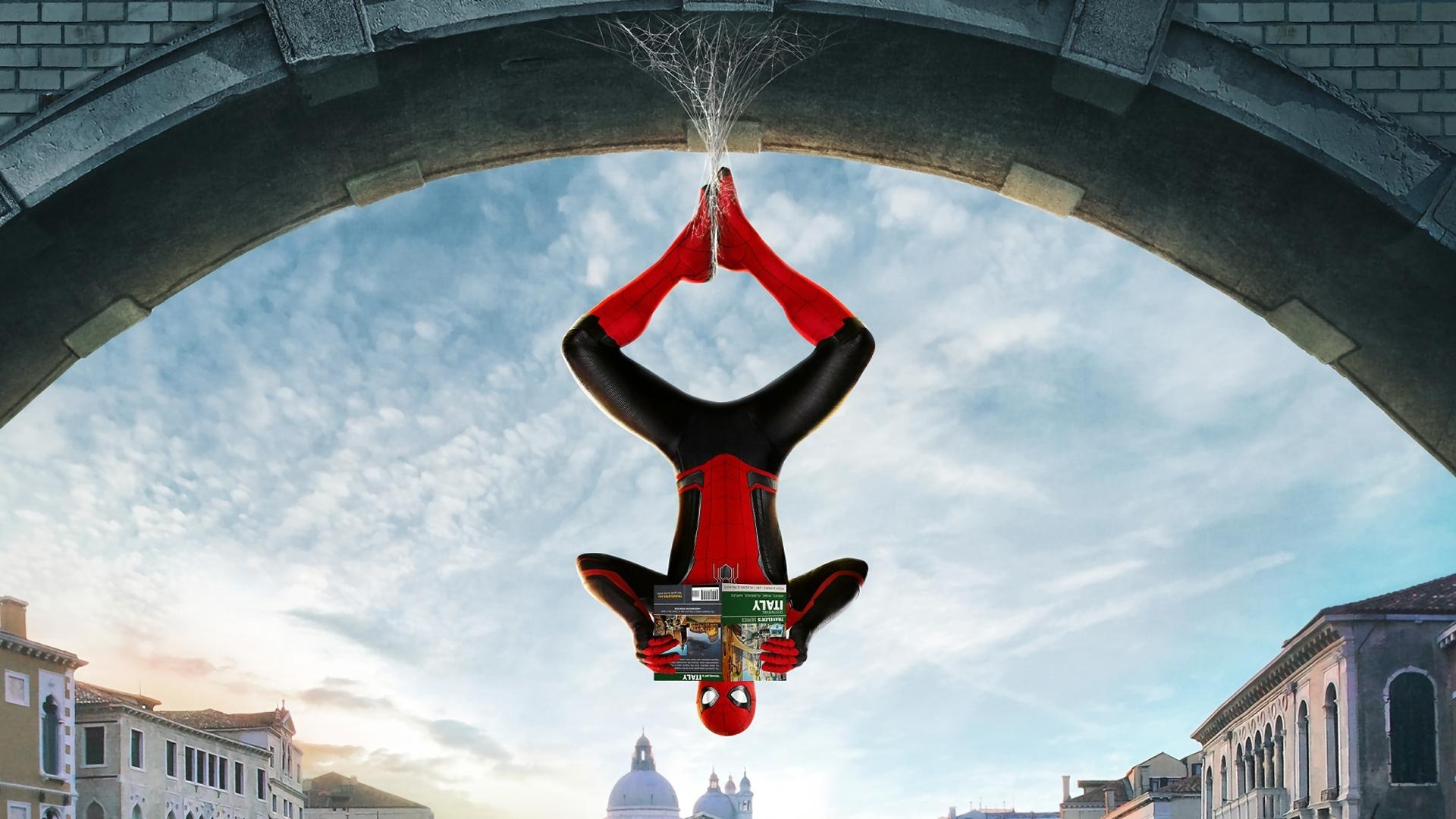 Far From Home, Hanging upside down, Stone bridge arch, Reading travel guidebook, Daytime Venice cityscape, Full HD Desktop wallpaper