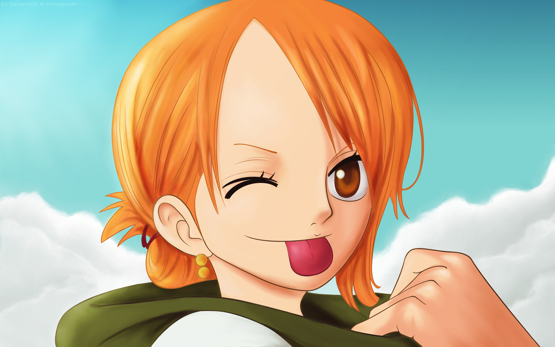 Nami, playful winking expression, blue sky and clouds, HD Desktop wallpaper