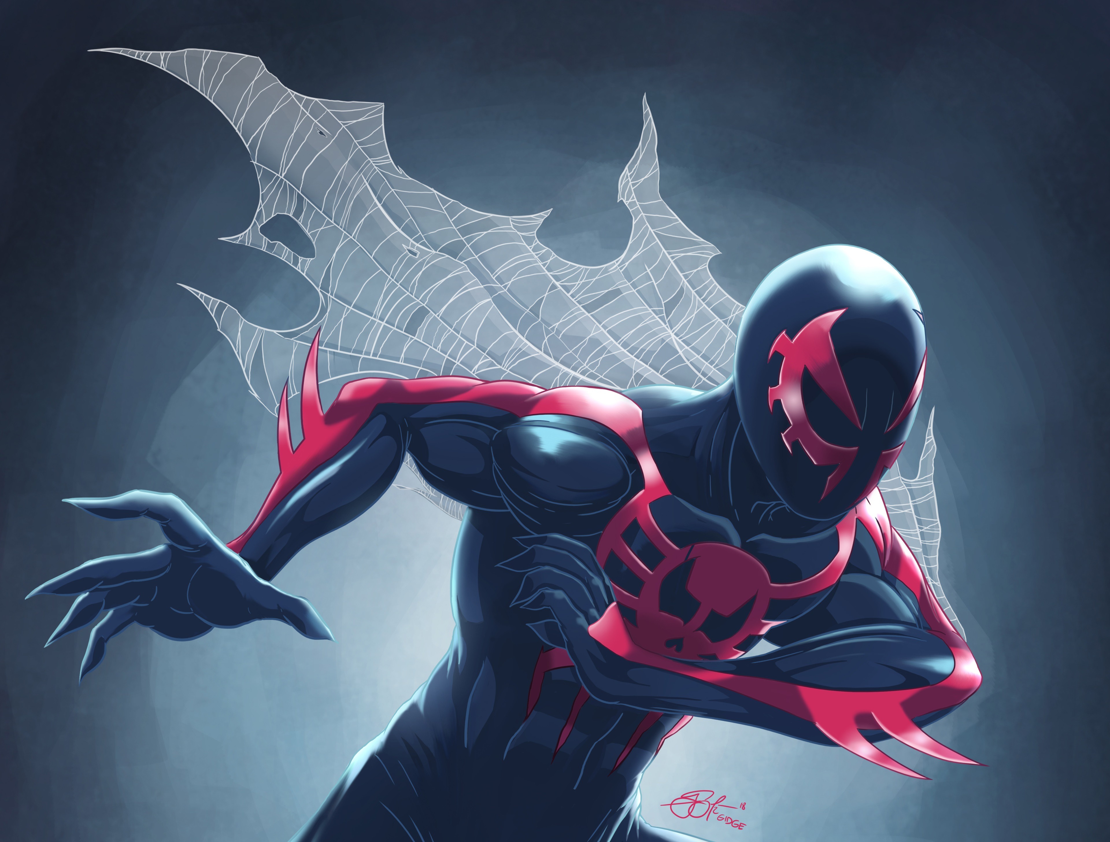 Spider-Man 2099 (Miguel O'Hara), Red and dark blue, Tattered web capelet, Atmospheric studio backdrop, 4K Desktop wallpaper