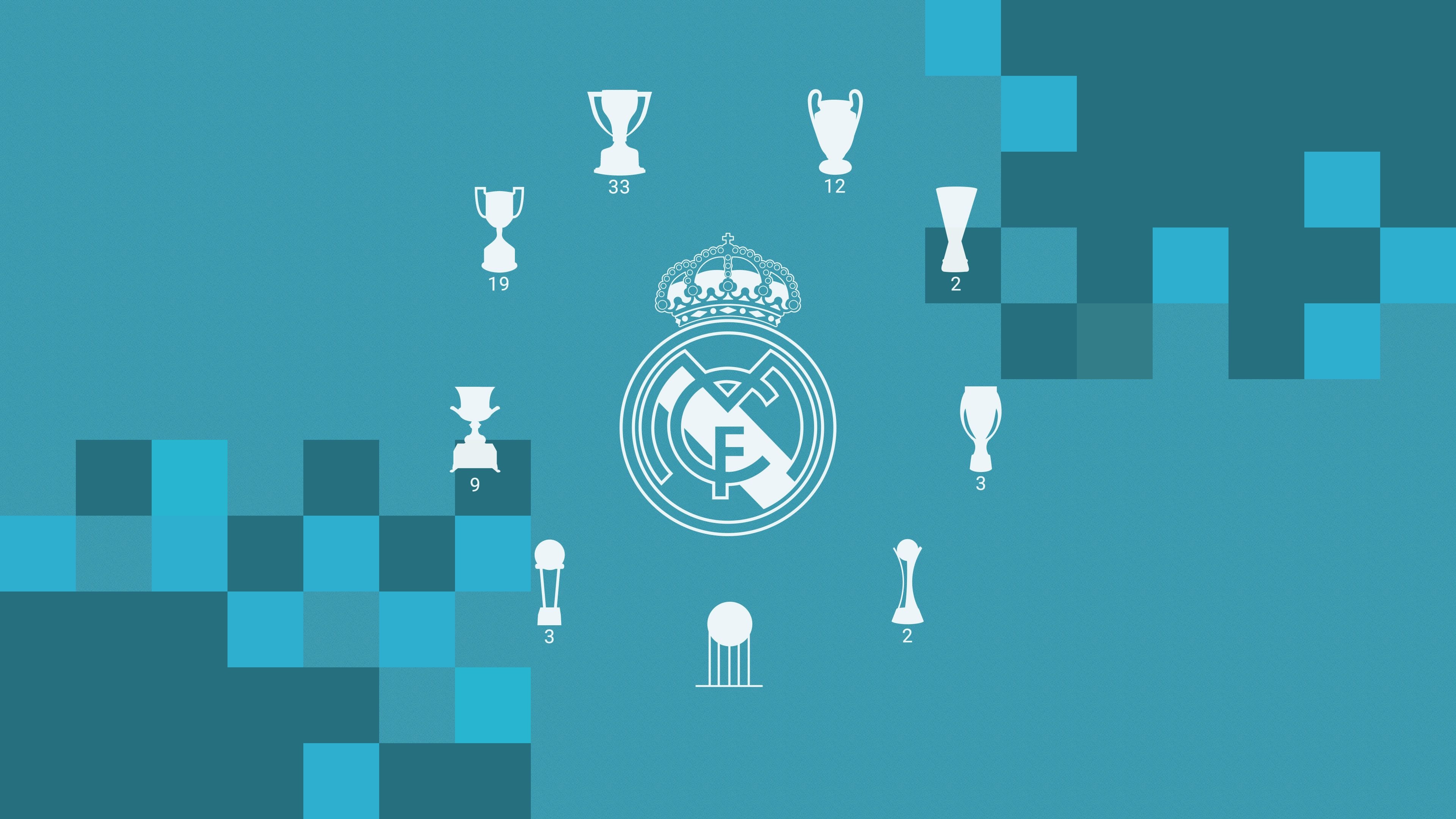 Real Madrid crest, football trophy icons, teal pixel mosaic, 4K Desktop wallpaper