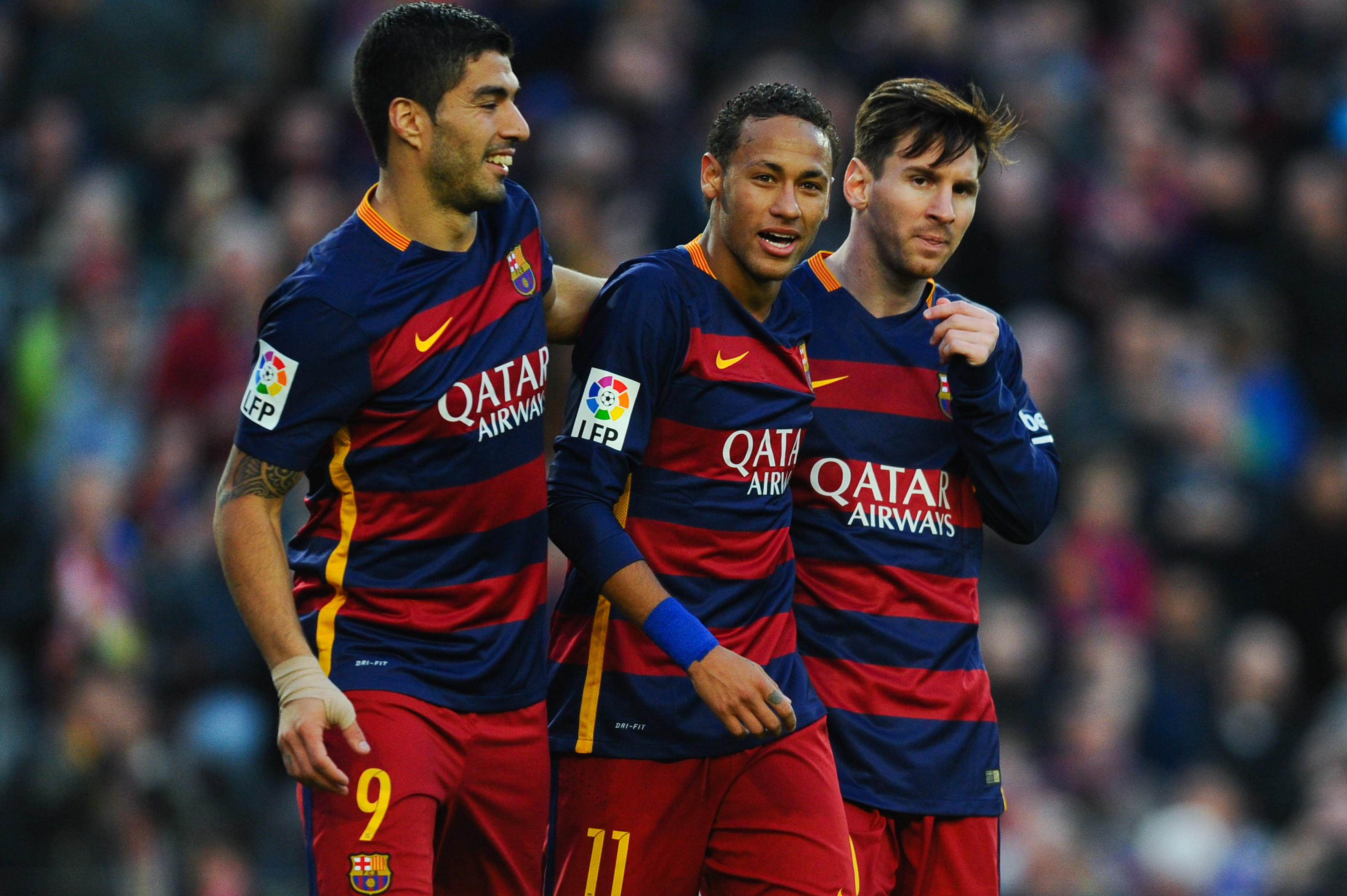 Lionel Messi, Neymar Jr, Luis Suarez, FC Barcelona home kit, HD Desktop wallpaper