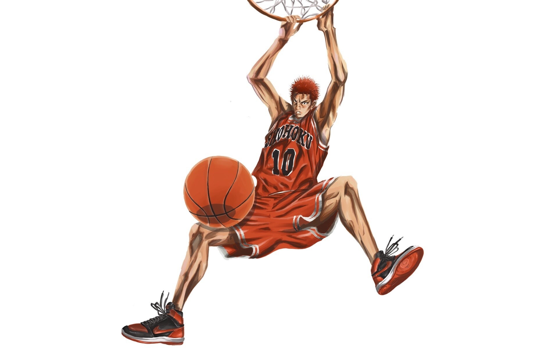 Hanamichi Sakuragi, Shohoku jersey number 10, basketball rim and ball, HD Desktop wallpaper