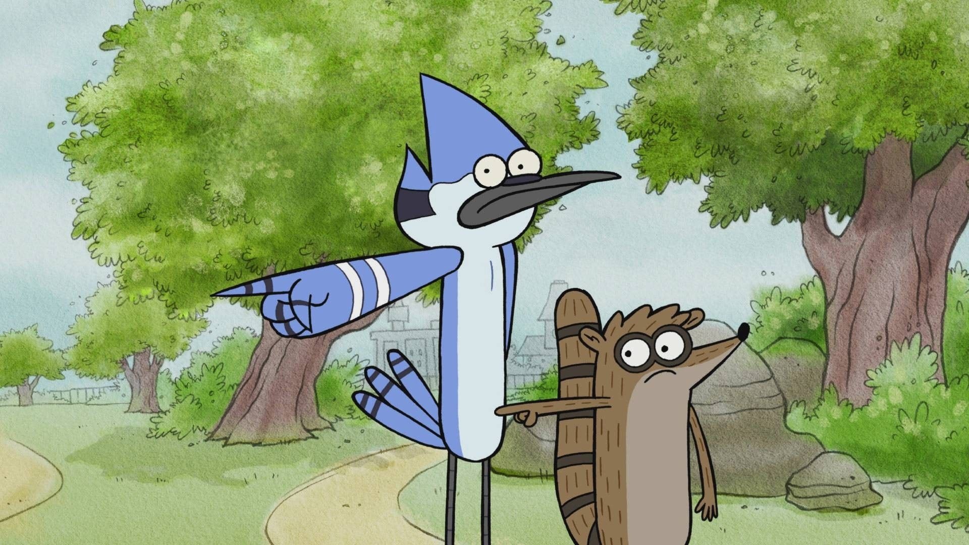 Mordecai pointing ahead, Rigby raccoon, Park lawn with oak trees, Regular Show, Full HD Desktop wallpaper