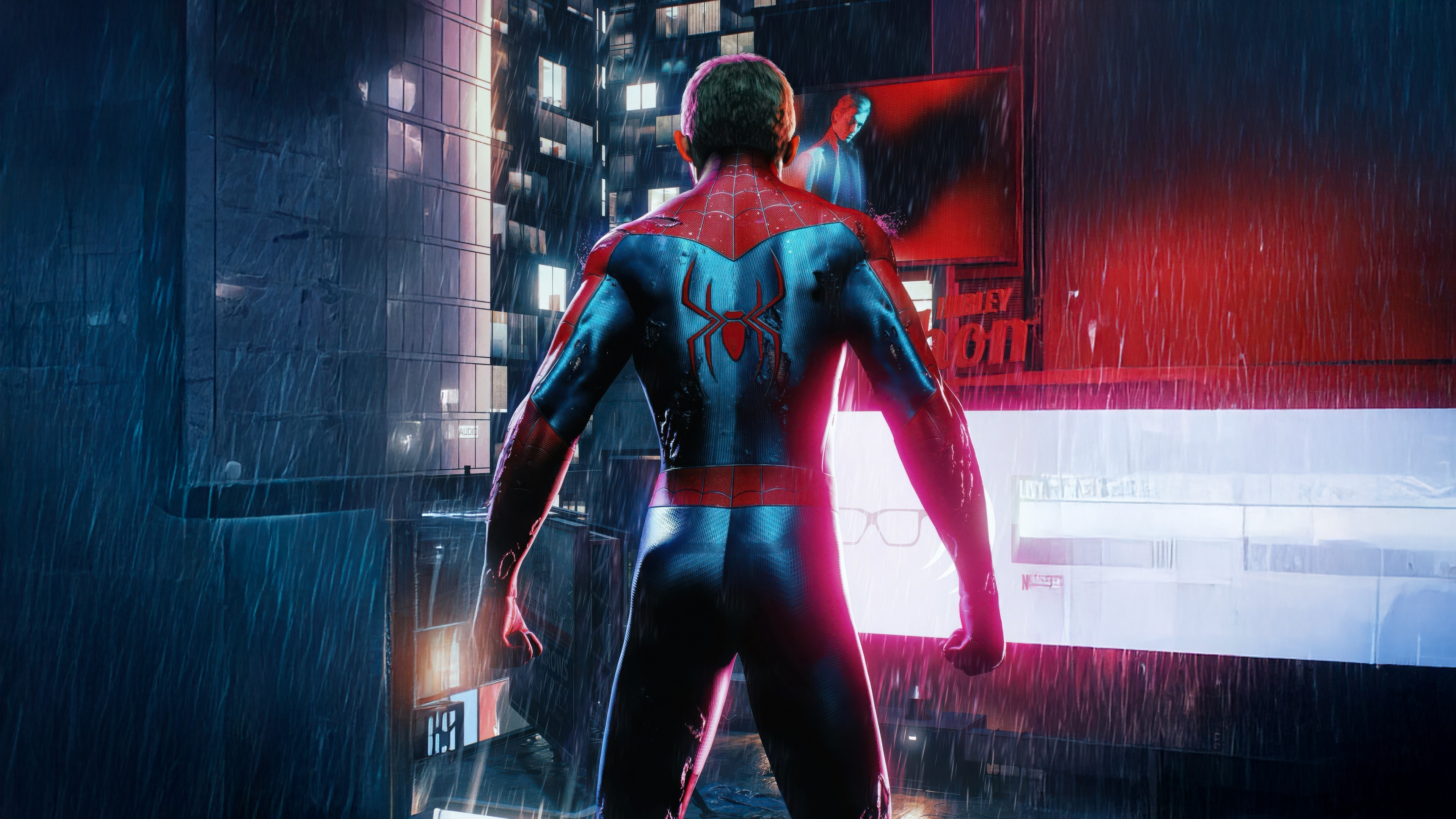Marvel's Spider-Man, Rainy night city neon, Red back spider emblem, 4K Desktop wallpaper