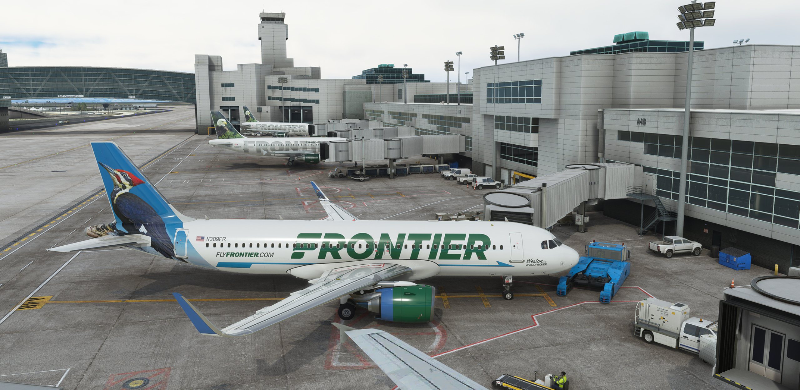 Frontier Airlines, Cloudy bright, Avsim screenshots, Community forum, 2560x1250 Dual Screen Desktop