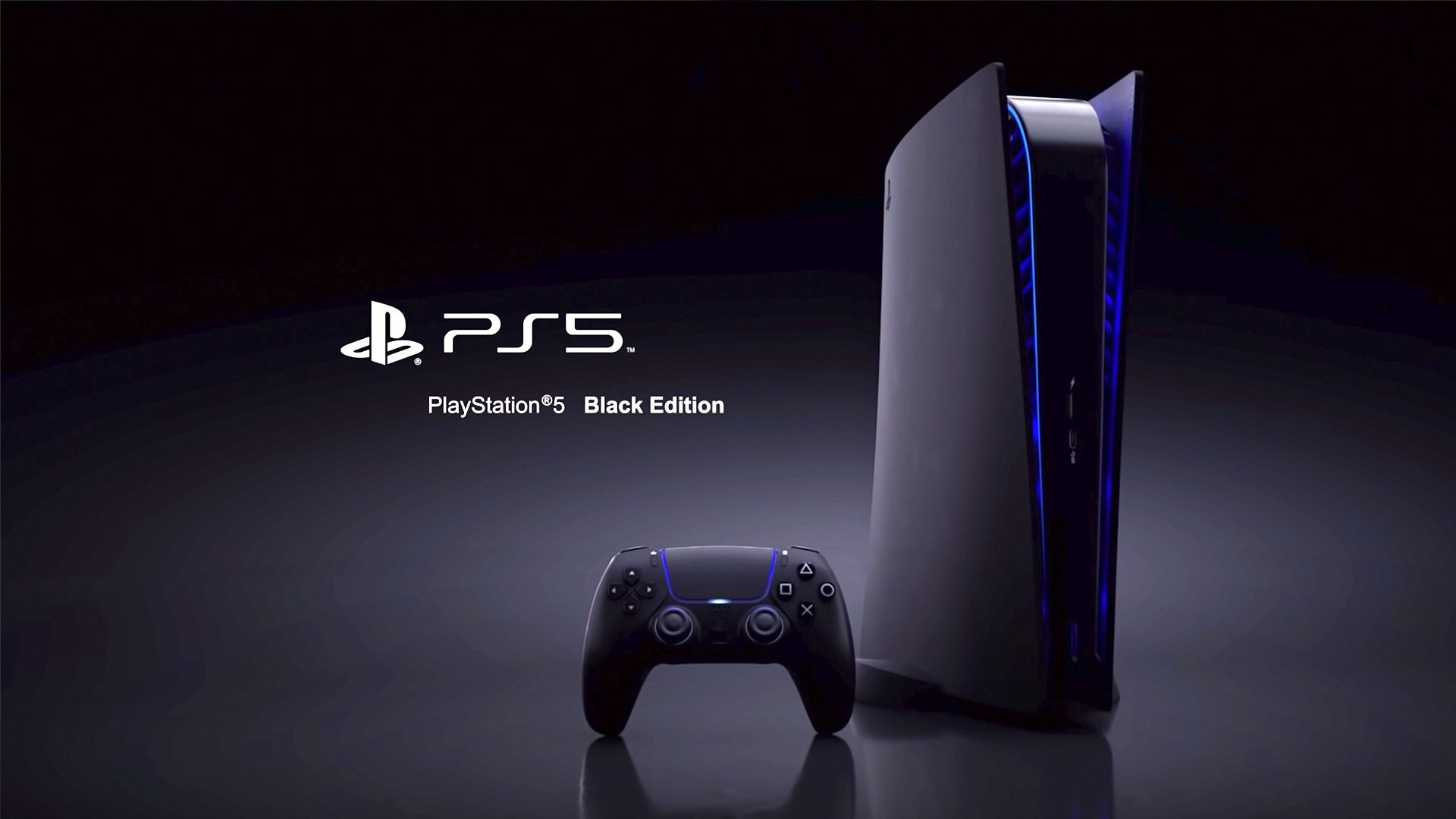 PlayStation 5 Black Edition console, Black DualSense controller, PS5 logo lettering, Full HD Desktop wallpaper