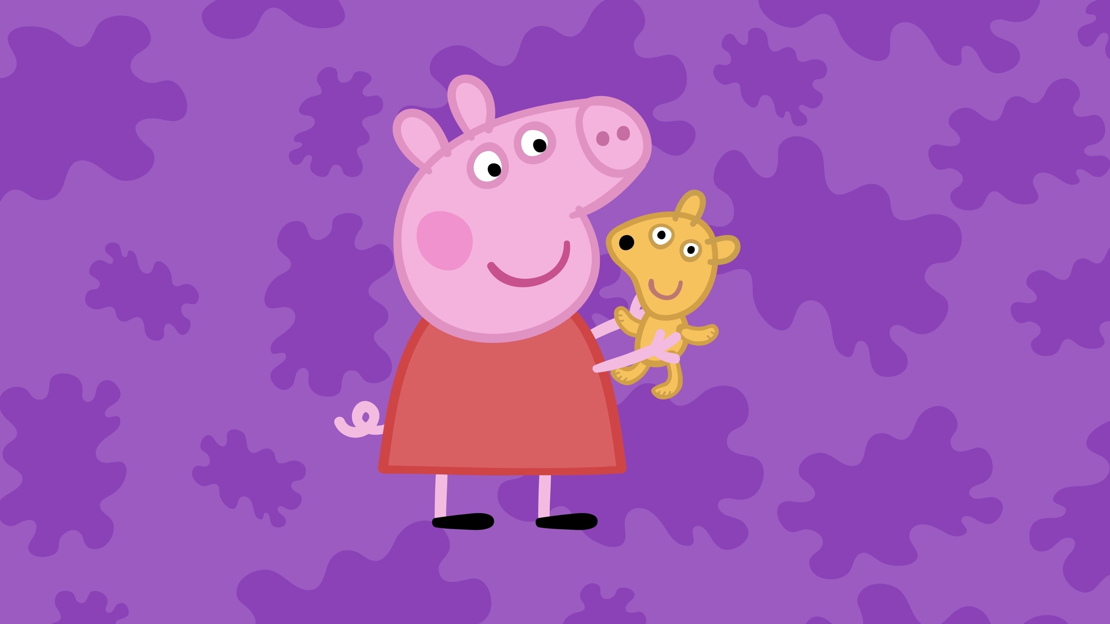 Peppa Pig, Peppa's Teddy, Purple splatter pattern, 4K Desktop wallpaper