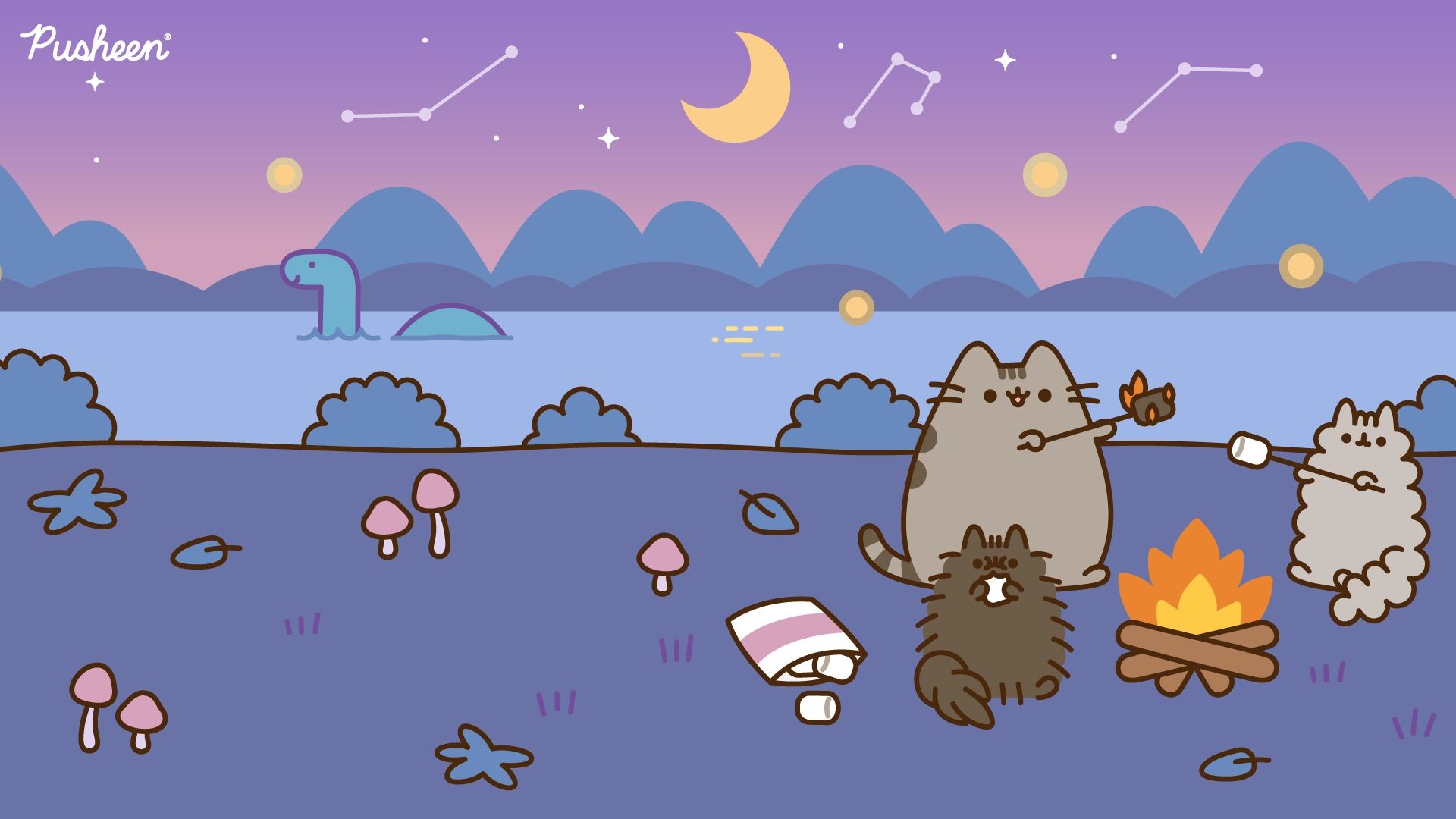 Pusheen, Stormy, Pip, Campfire marshmallow roasting, Full HD Desktop wallpaper