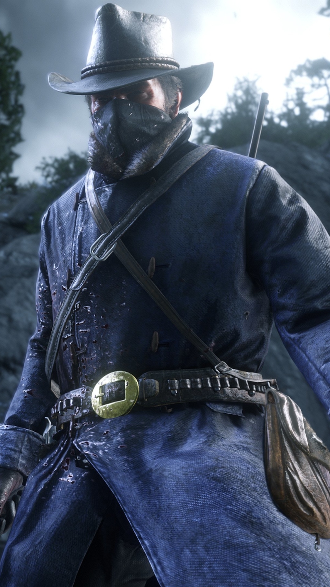 Arthur Morgan, blue winter coat, black face bandana, Full HD Phone wallpaper
