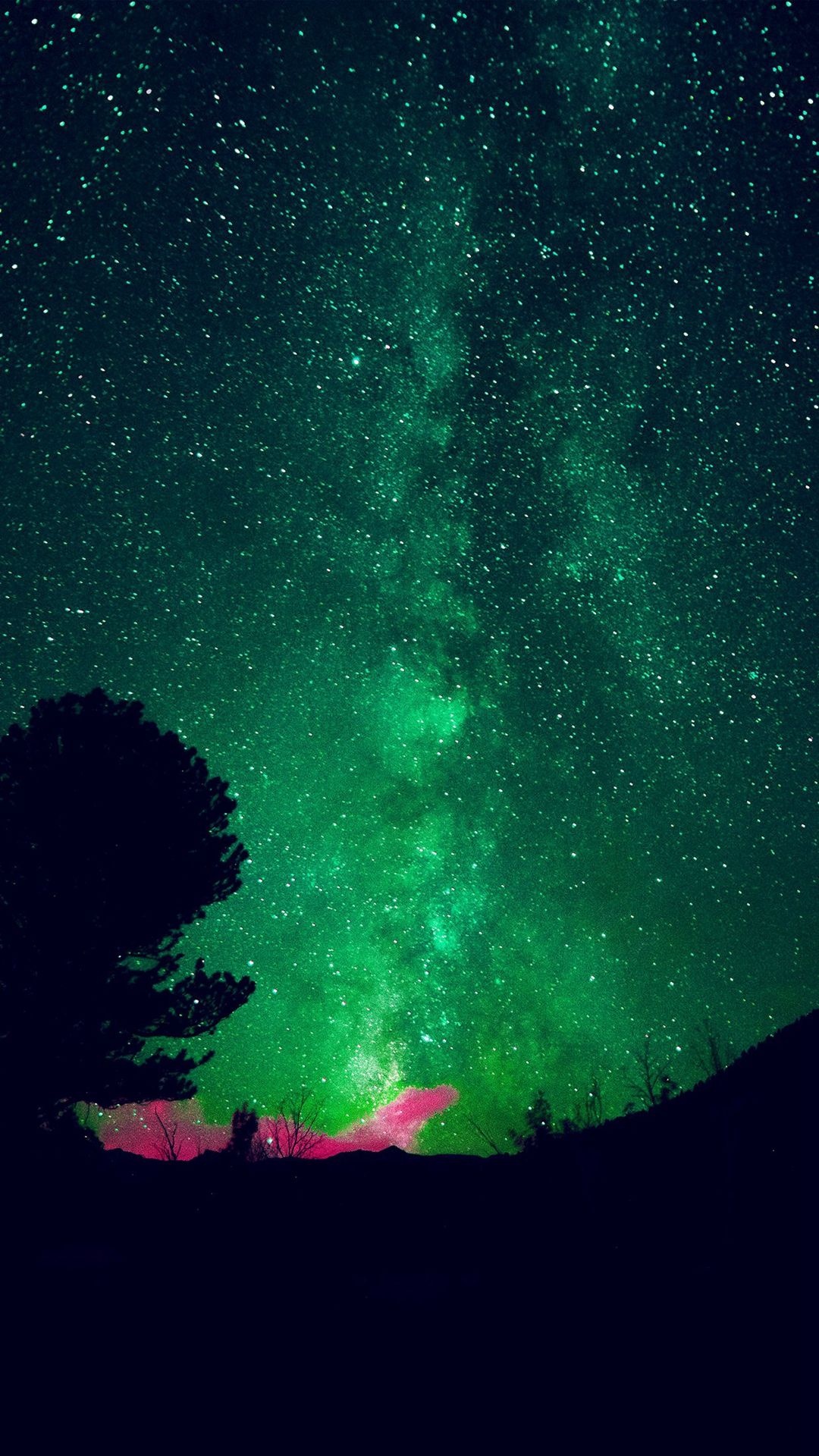 green Milky Way, pine tree silhouette, pink aurora glow, Full HD Phone wallpaper