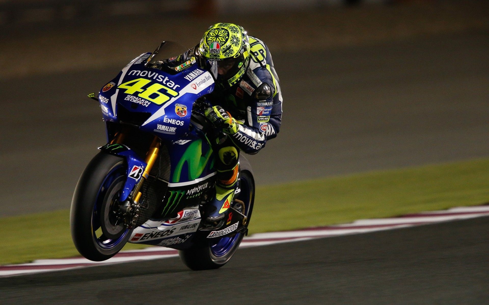 Valentino Rossi number 46, Movistar Yamaha YZR-M1, MotoGP night race floodlights, HD Desktop wallpaper