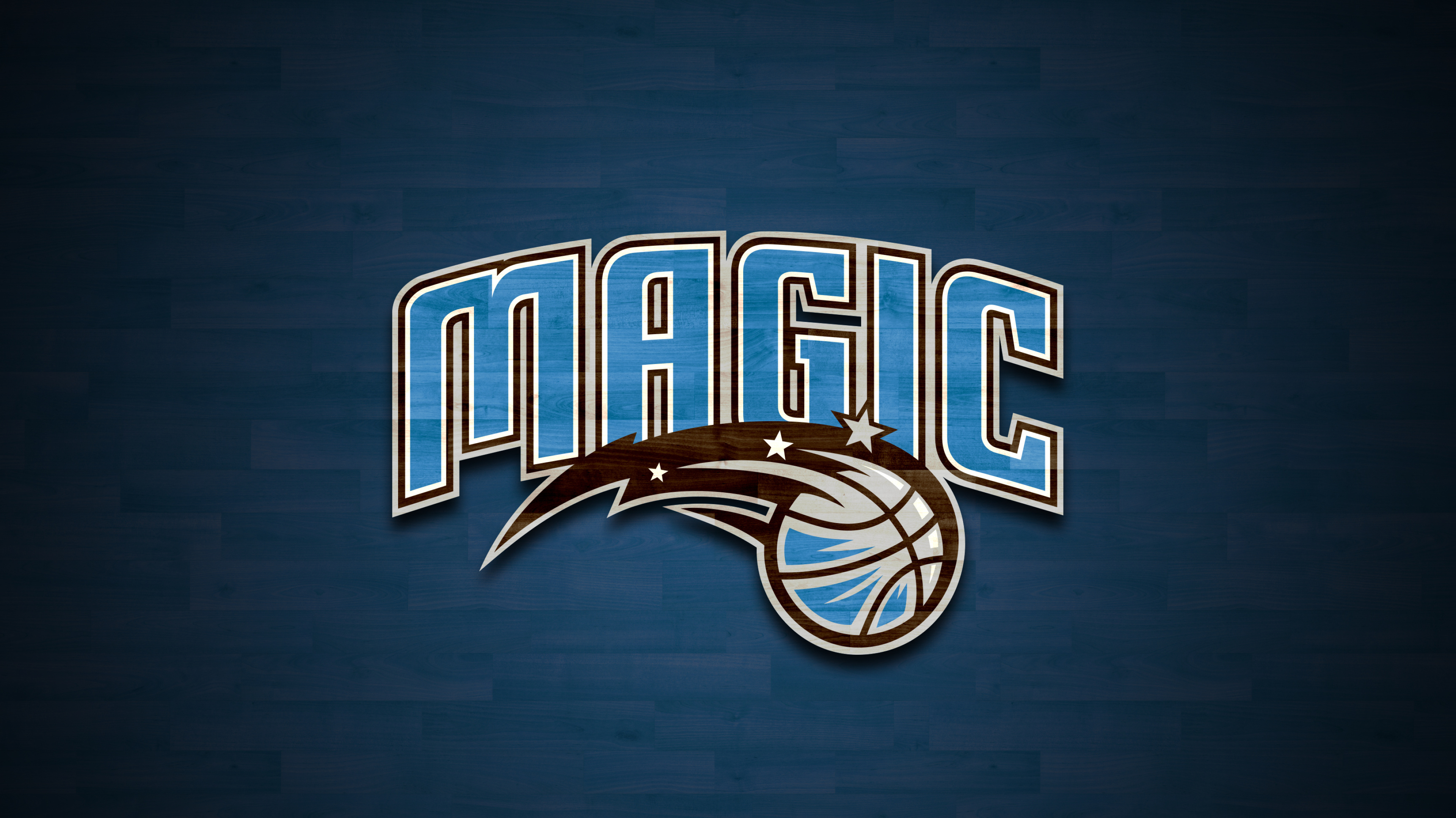 Orlando Magic wordmark logo, Blue hardwood grain fill, NBA, 4K Desktop wallpaper
