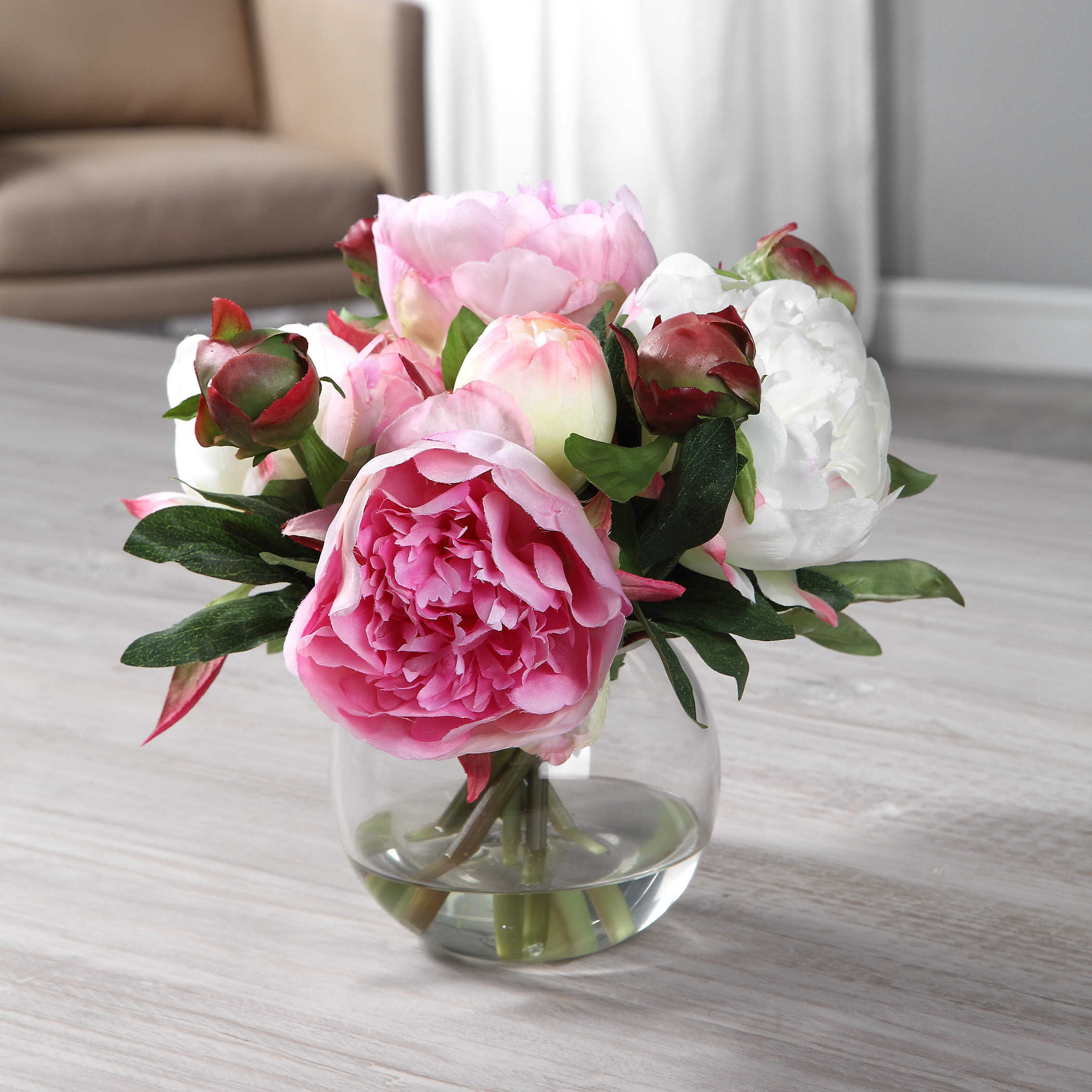 Silk peony arrangement, Clear glass bubble vase, White peony bloom, Burgundy peony buds, HD Phone wallpaper