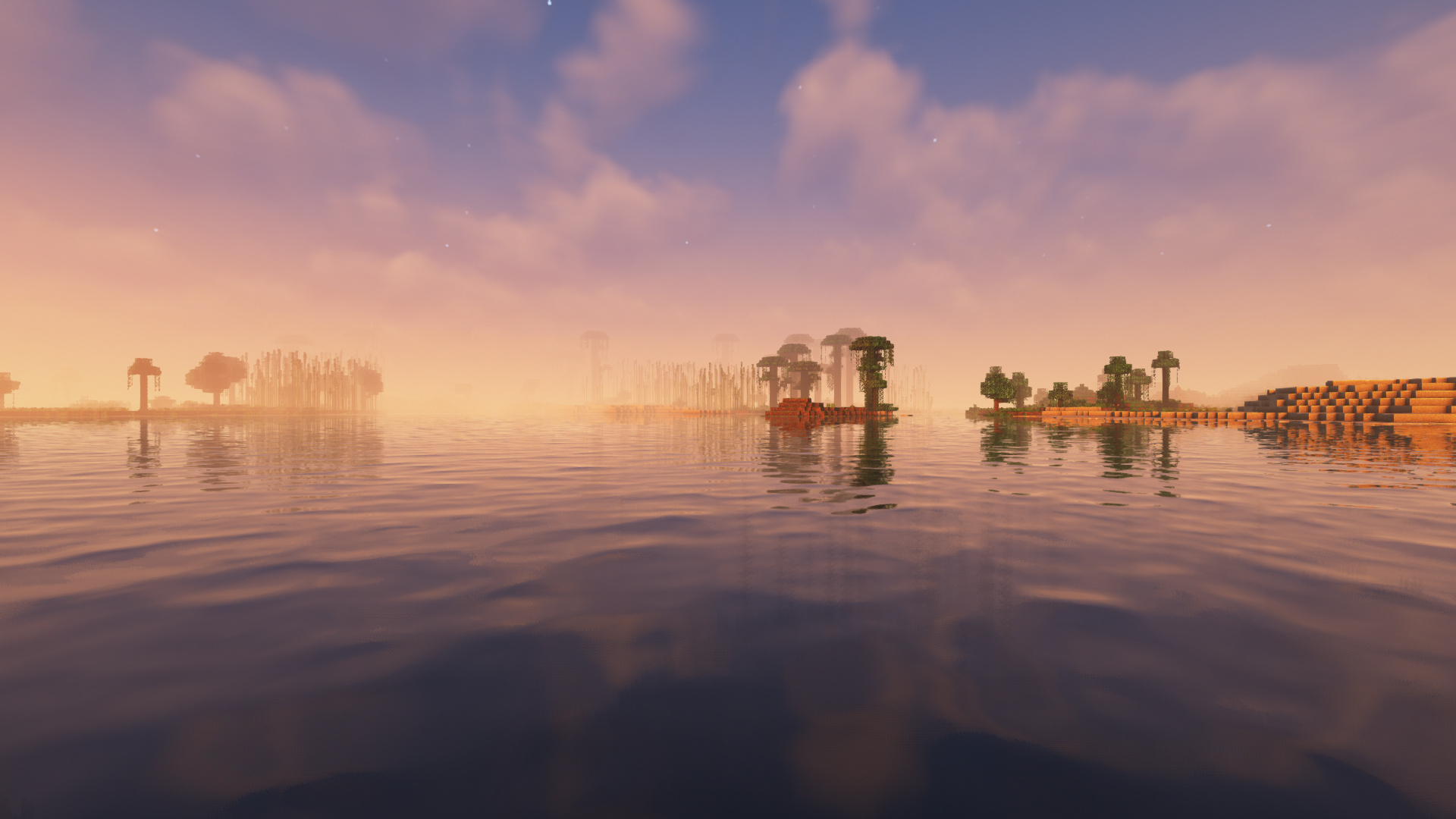 Minecraft shaders landscape, Minecraft swamp biome, sunset water reflection, Full HD Desktop wallpaper