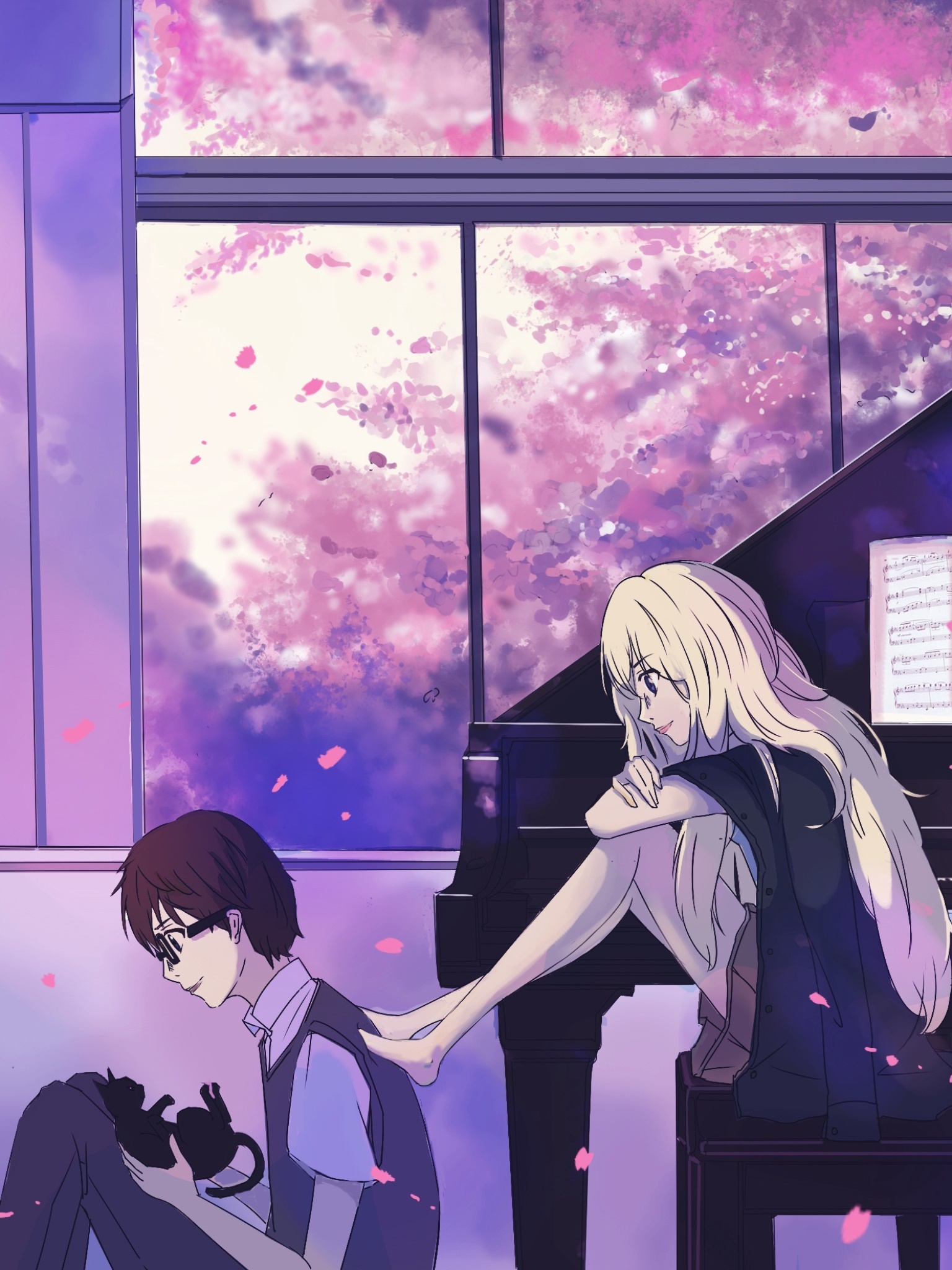 Kaori Miyazono, Kousei Arima, Grand piano, Cherry blossom window, HD Phone wallpaper
