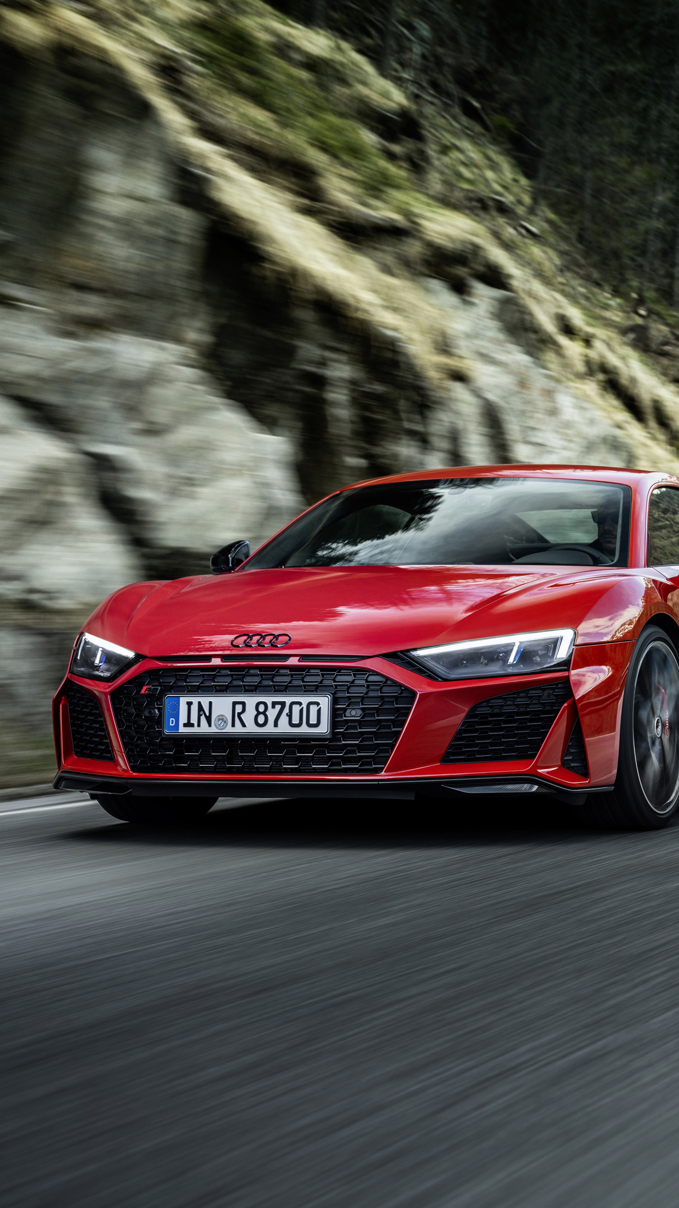 Audi R8 V10 Coupe, rocky mountain road, motion blur driving shot, 4K Phone wallpaper