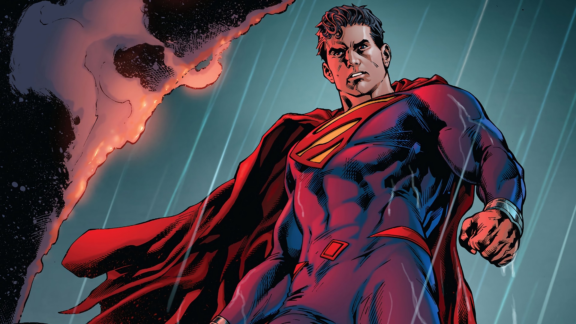 Superman, New 52 Superman suit, Raining stormy sky, Full HD Desktop wallpaper