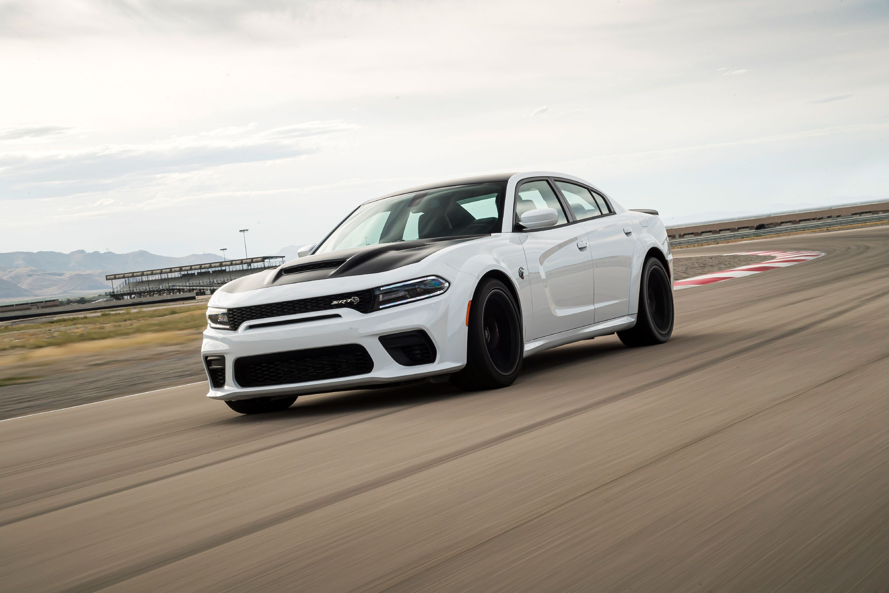 Dodge Charger SRT Hellcat, curved asphalt racetrack, red white track curbing, HD Desktop wallpaper