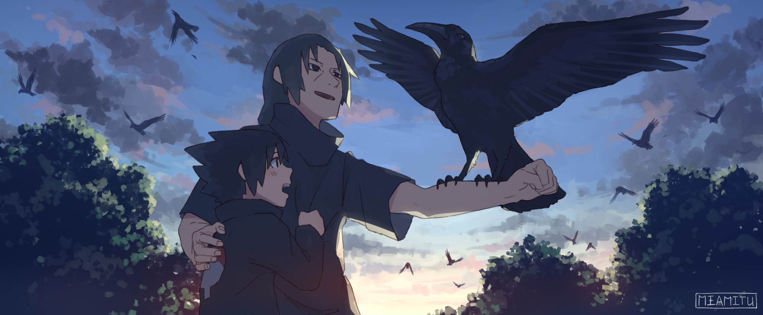 Itachi Uchiha, young Sasuke Uchiha, perched black crow, MEAMITU signature, Dual Screen Desktop wallpaper