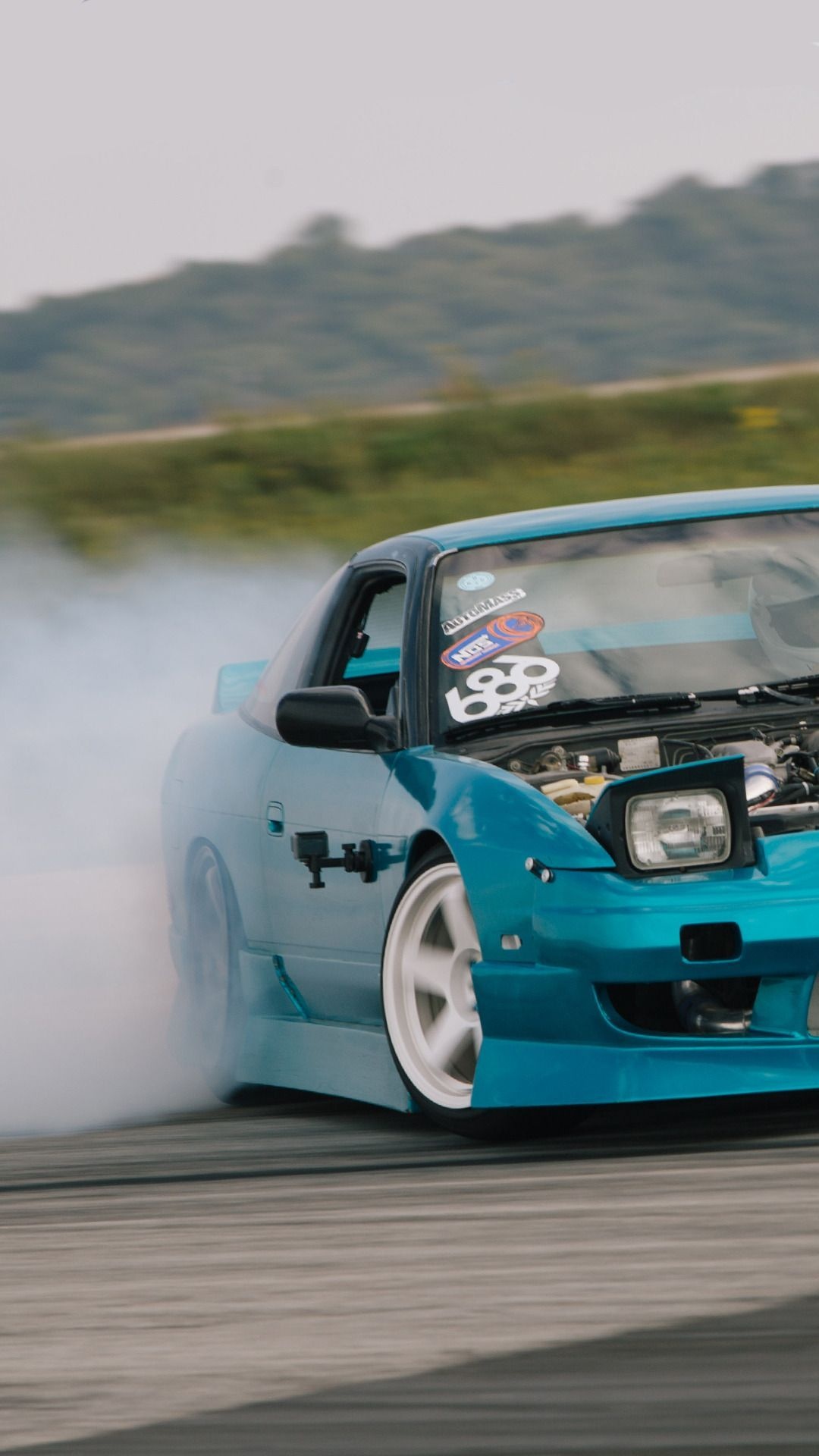 Nissan 240SX S13, drifting tire smoke, exposed engine bay, Full HD Phone wallpaper