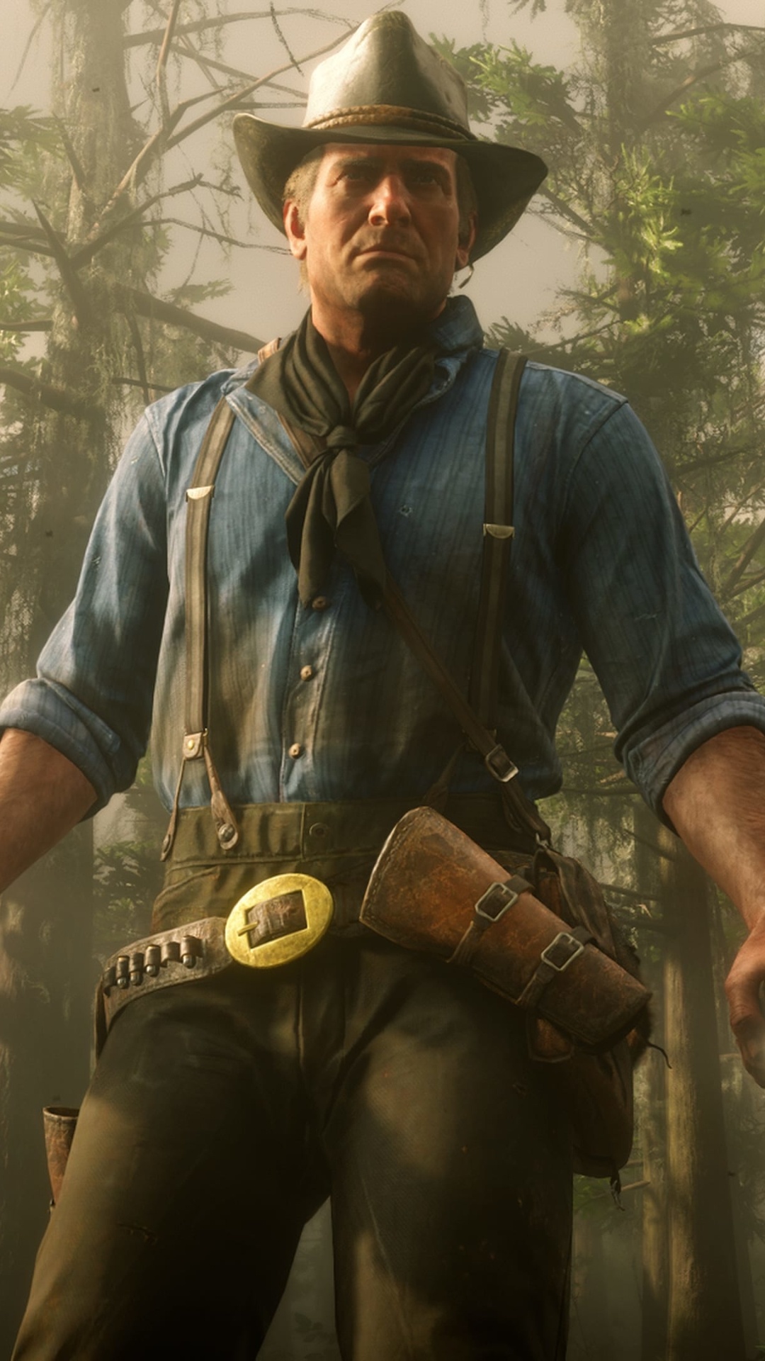 Arthur Morgan, leather gun belt holster, Bayou Nwa swamp forest, Full HD Phone wallpaper