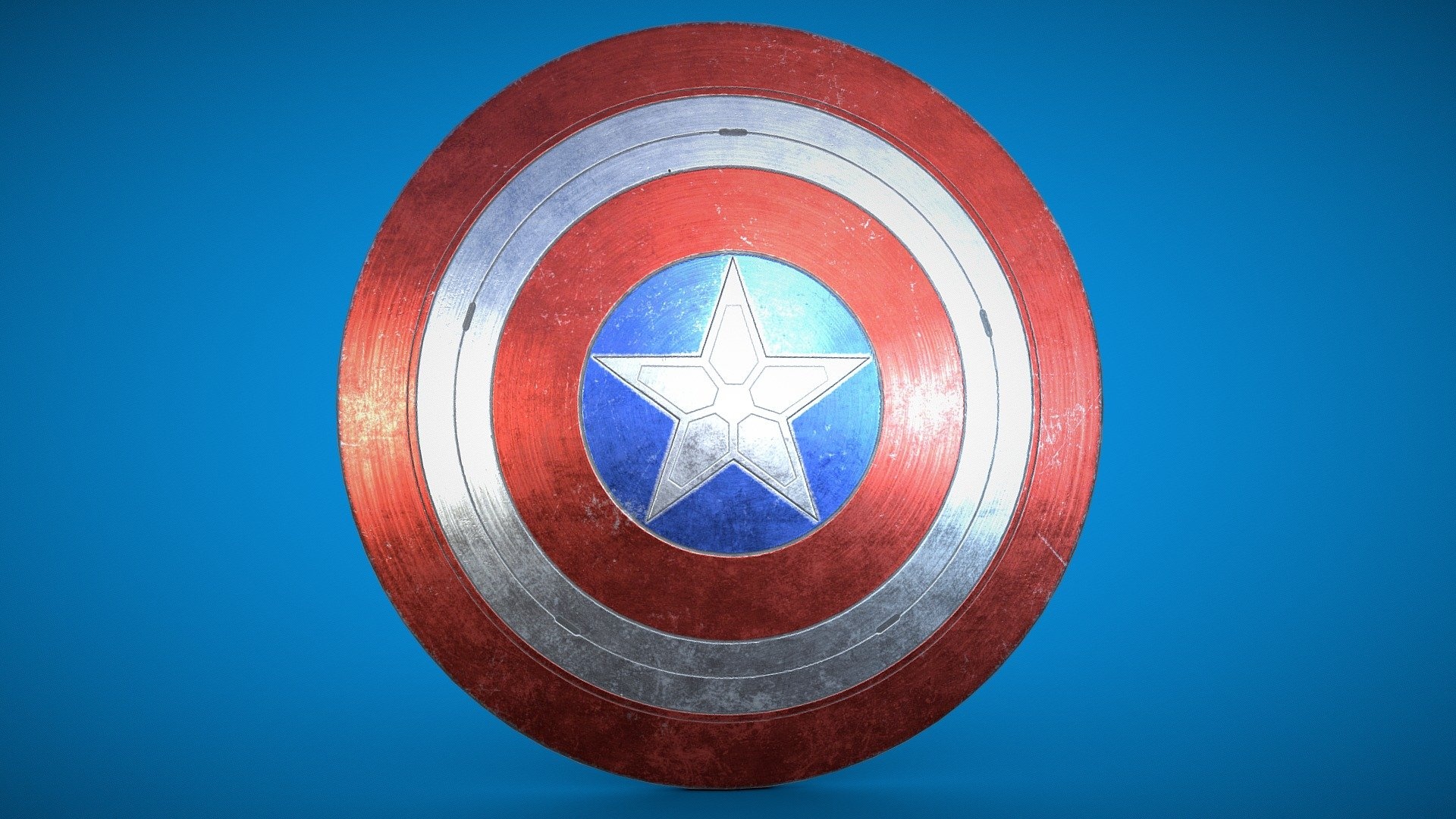 Captain America vibranium shield, Segmented star emblem, Blue studio backdrop, Full HD Desktop wallpaper