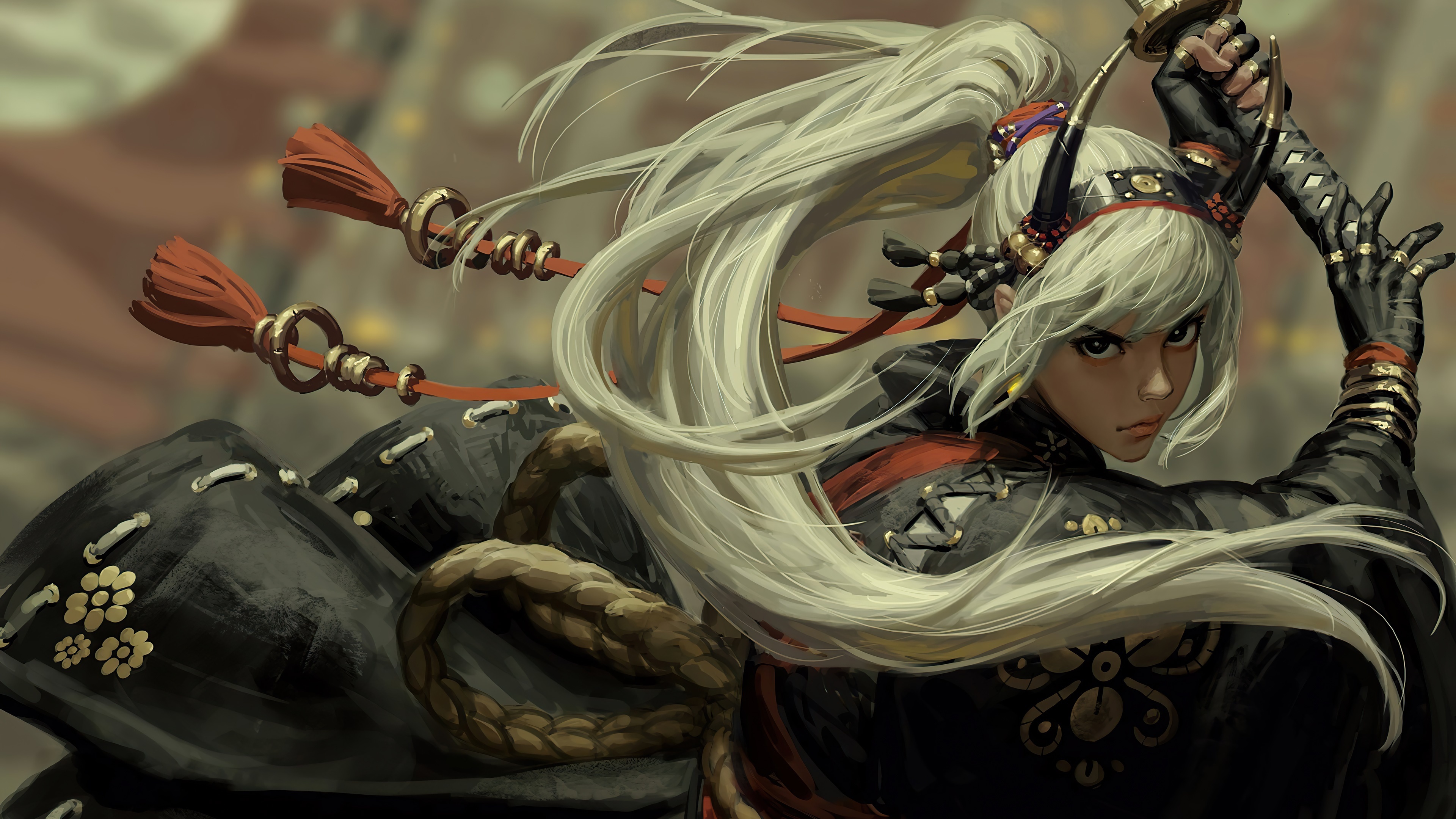 White-haired samurai warrior, Drawn katana sword, Black kimono with mon, 4K Desktop wallpaper
