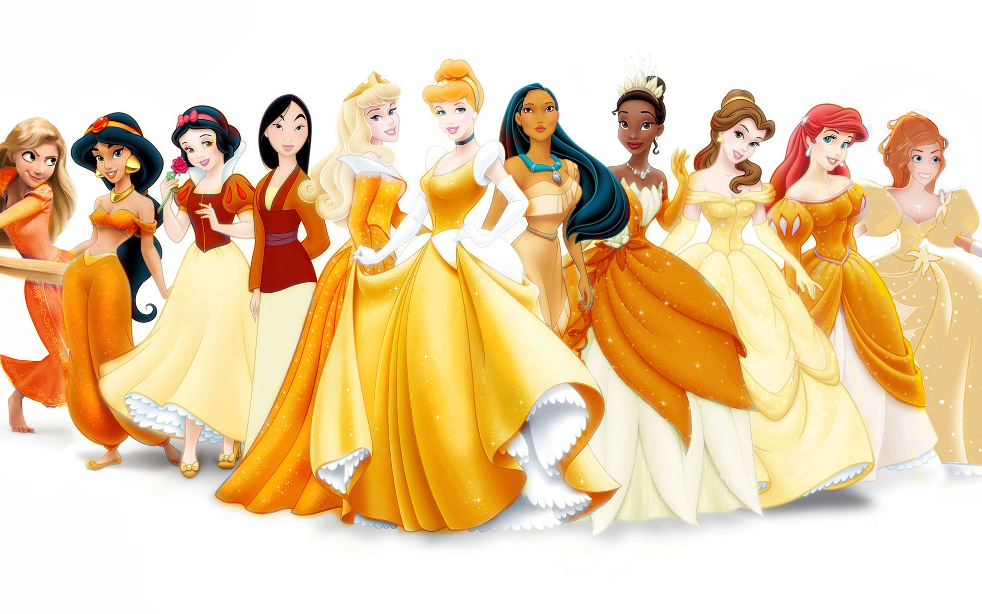 Disney Princesses, Cinderella, Belle, Tiana, yellow ball gowns, HD Desktop wallpaper