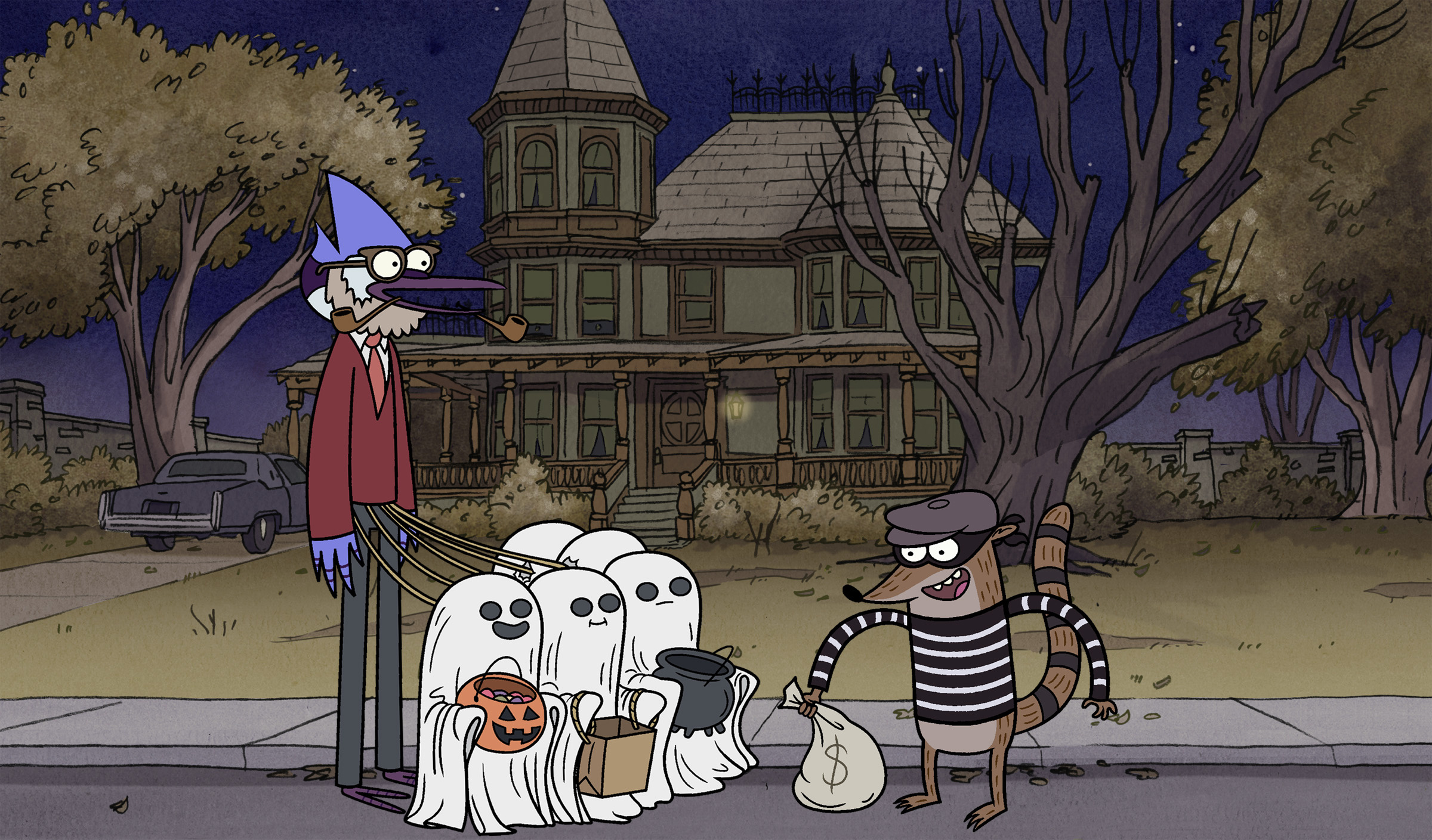 Mordecai in wizard costume, Rigby in burglar costume, Kids in ghost sheets, Victorian house at night, Regular Show, HD Desktop wallpaper