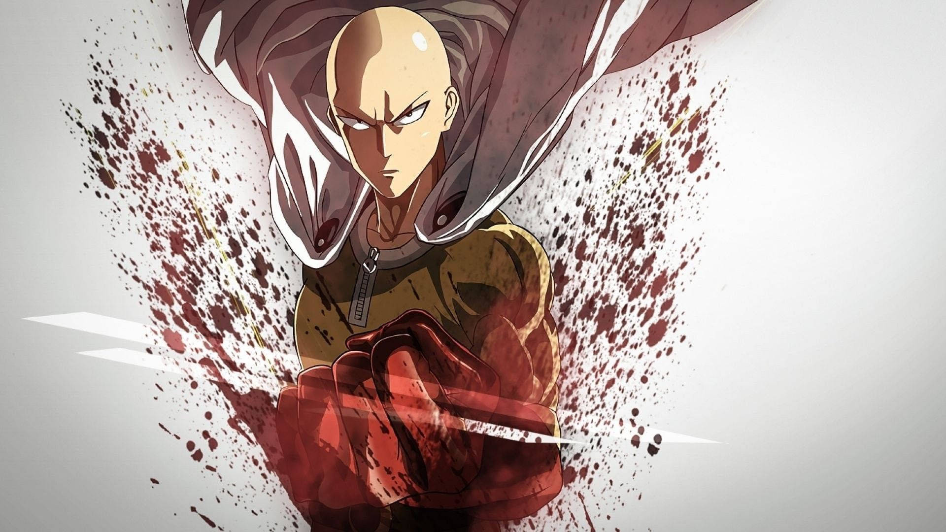 Saitama from One-Punch Man, Red blood splatter effect, Flowing superhero cape, Full HD Desktop wallpaper