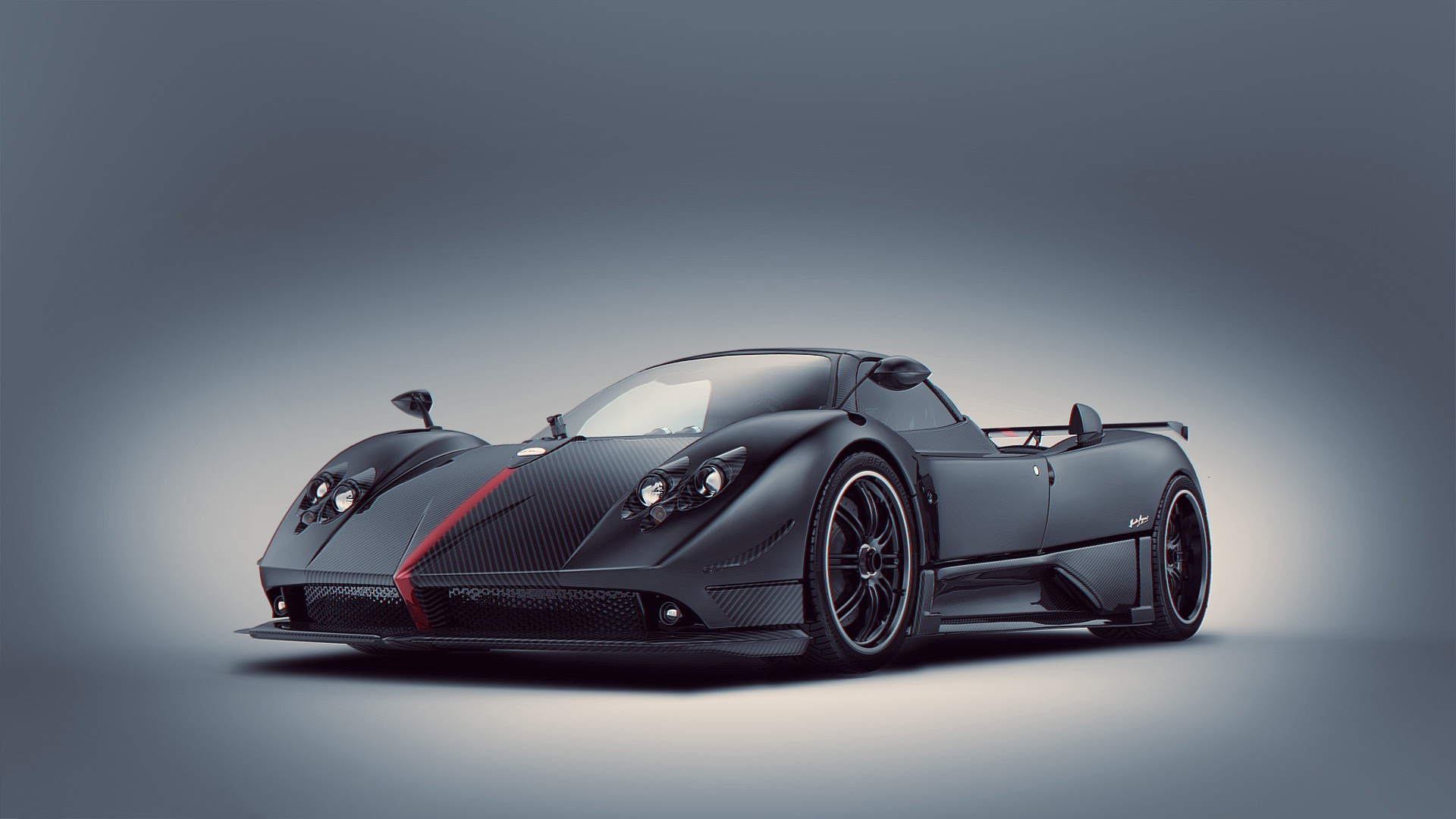 Pagani Zonda Cinque Roadster, carbon fiber bodywork, grey studio backdrop, Full HD Desktop wallpaper