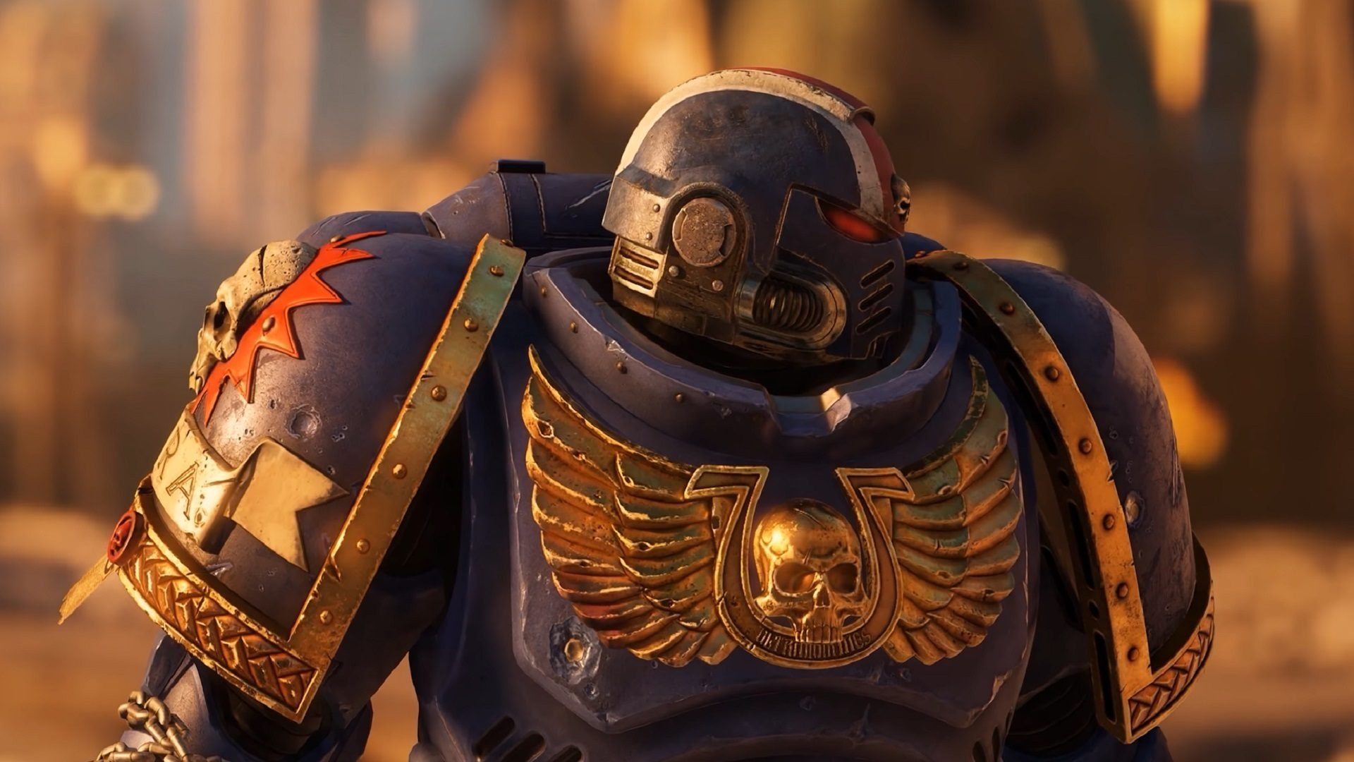 Ultramarines Space Marine, Blue power armour, Golden Aquila chest emblem, Full HD Desktop wallpaper