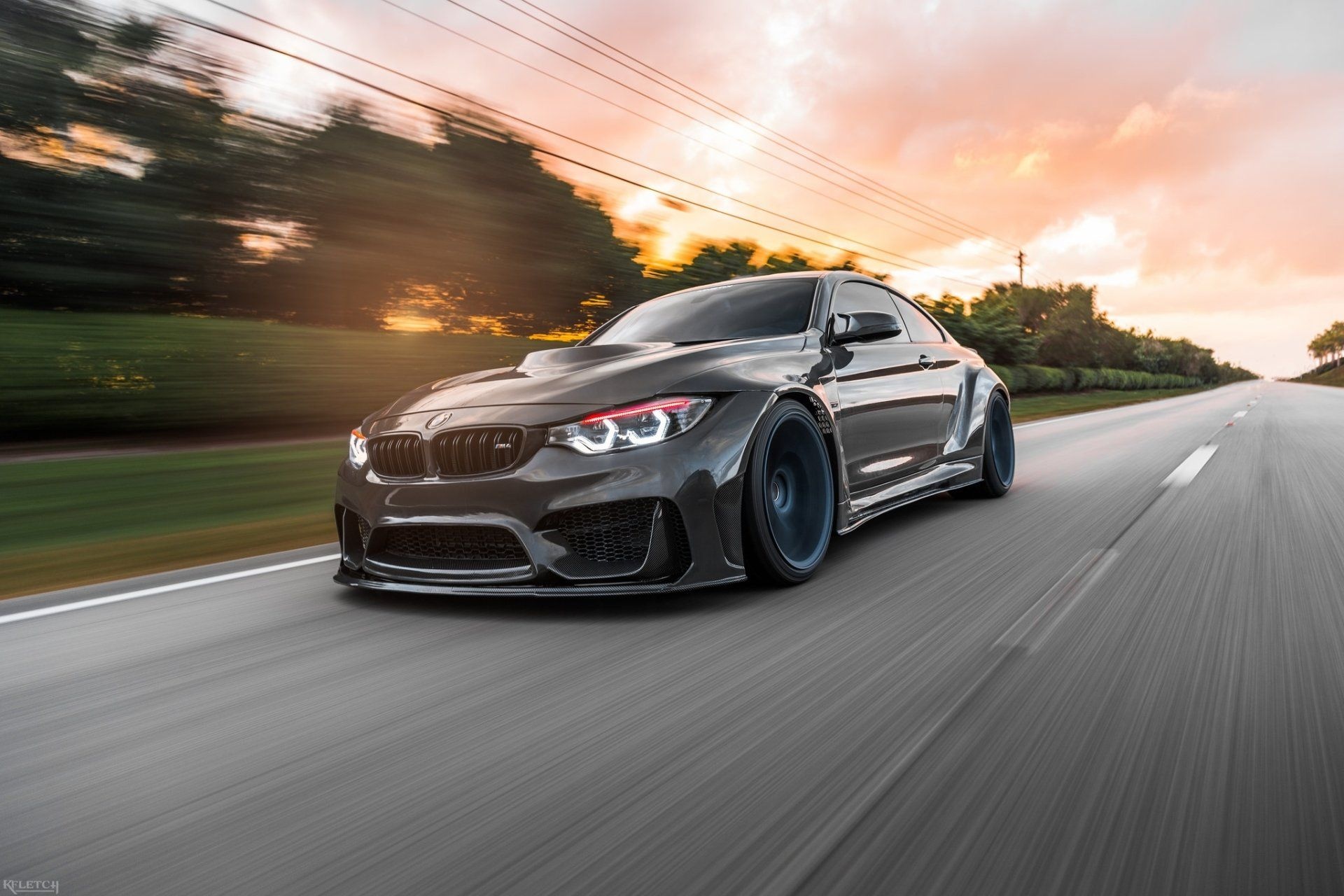 Widebody BMW M4 Coupe, Highway rolling shot, Golden hour sunset sky, HD Desktop wallpaper