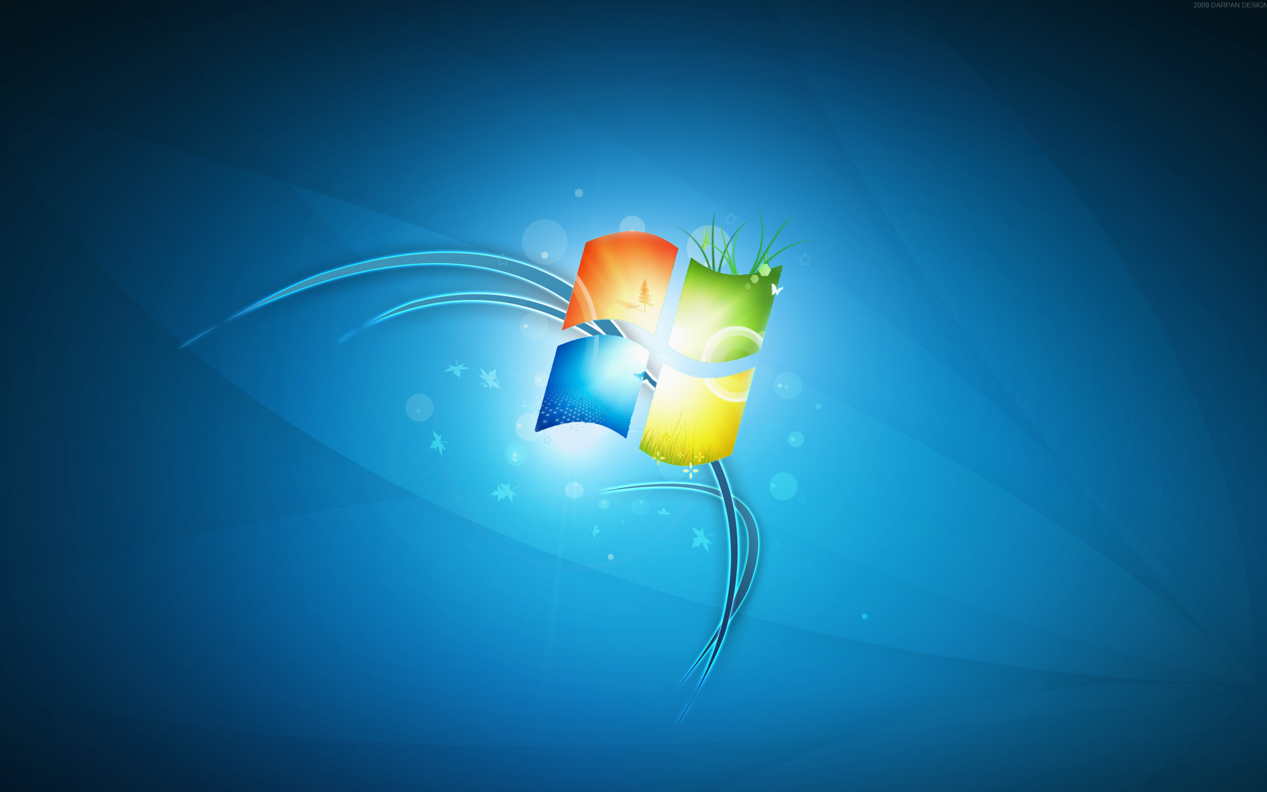 Windows 7 logo, abstract blue light swirls, nature motif accents, HD Desktop wallpaper