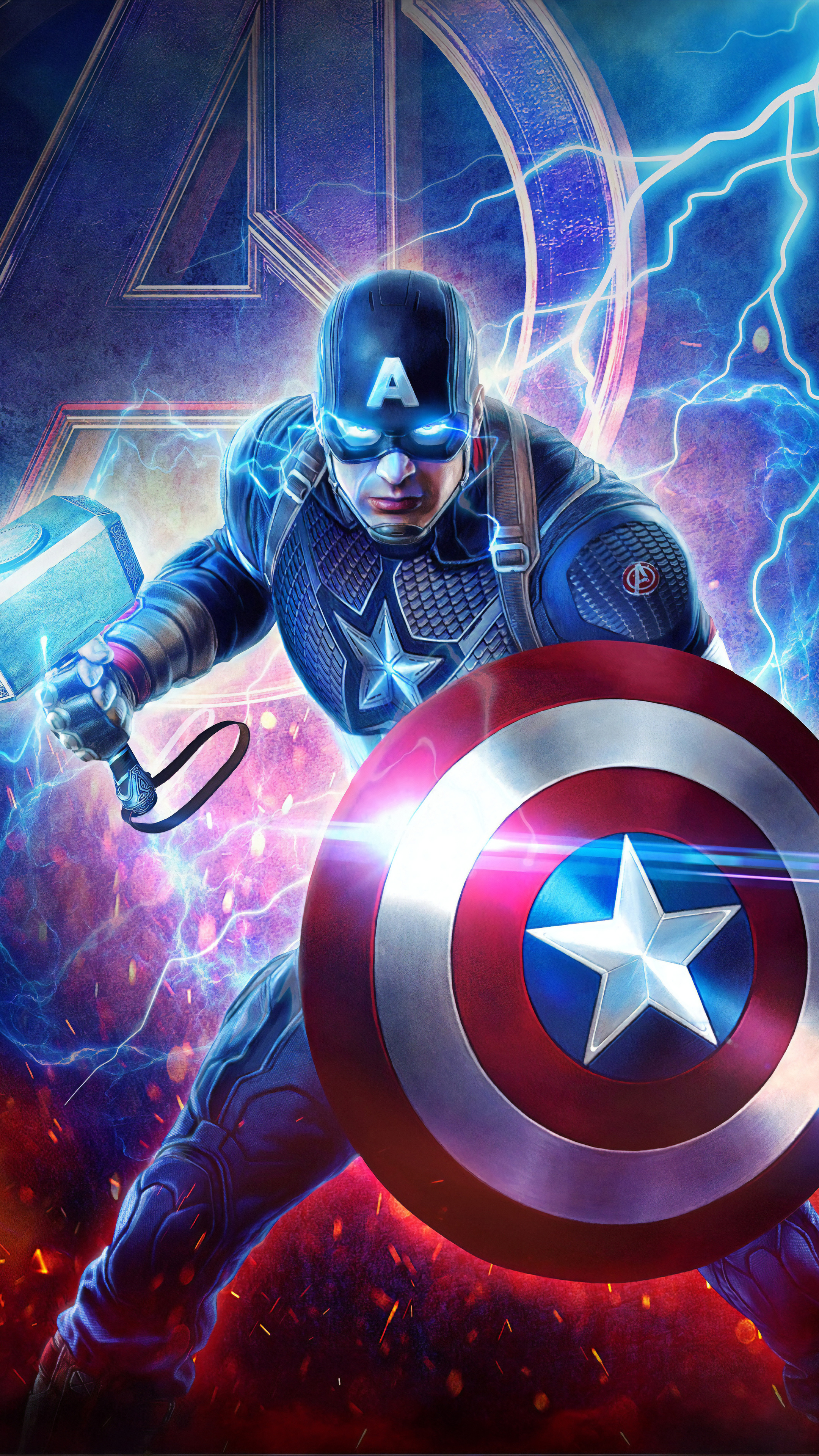Captain America, Vibranium shield, Mjolnir, 4K Phone wallpaper