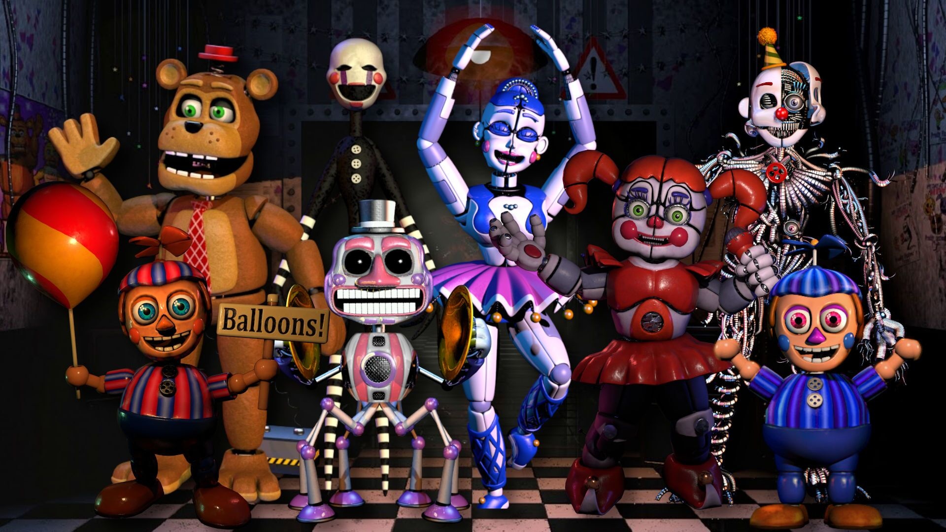Circus Baby animatronic, Ballora animatronic, Ennard animatronic, Music Man animatronic, Balloon Boy animatronic, Full HD Desktop wallpaper