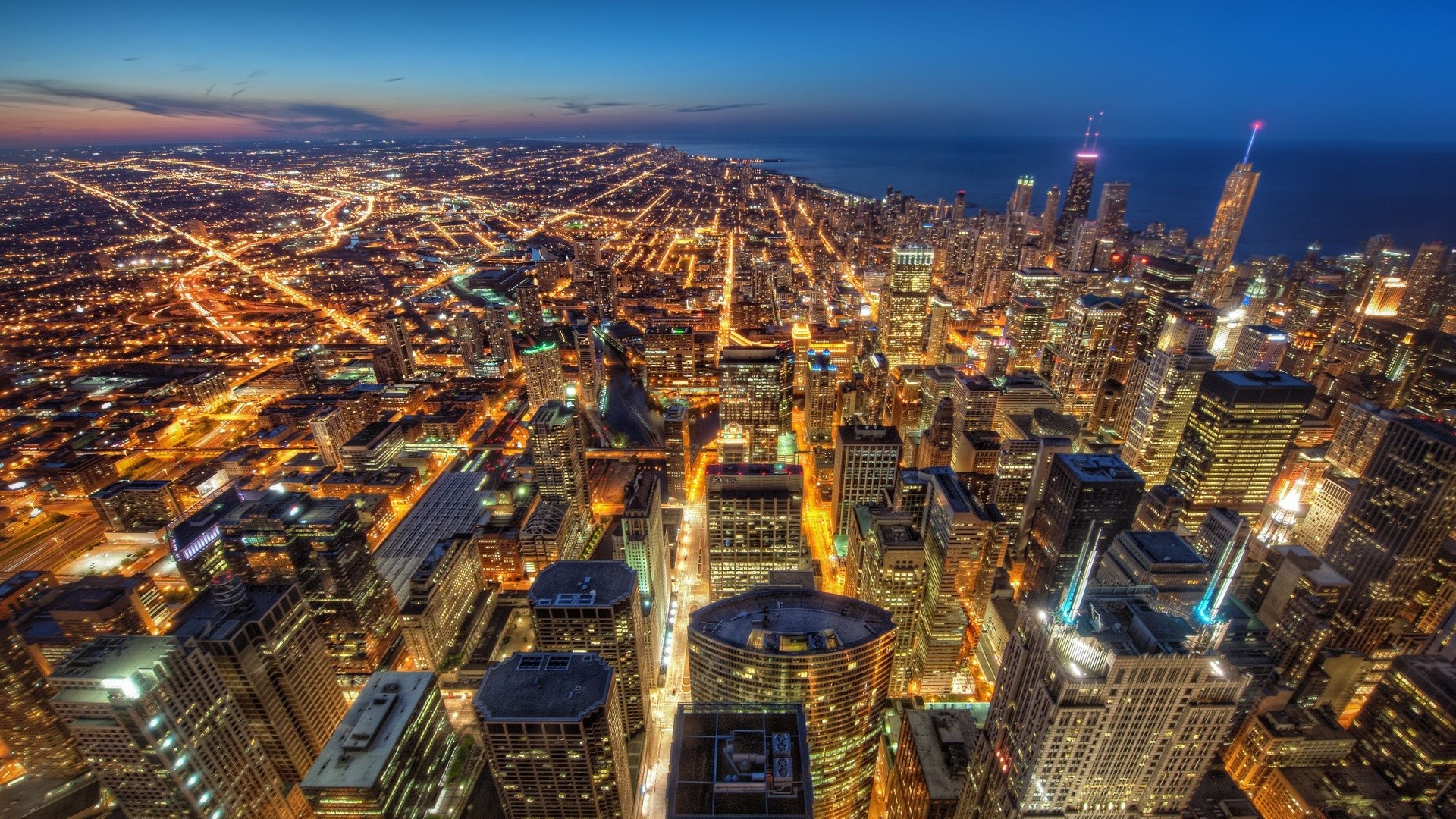 Chicago skyscrapers, Night lights, HDR photography, Ultra HD, 3840x2160 4K Desktop