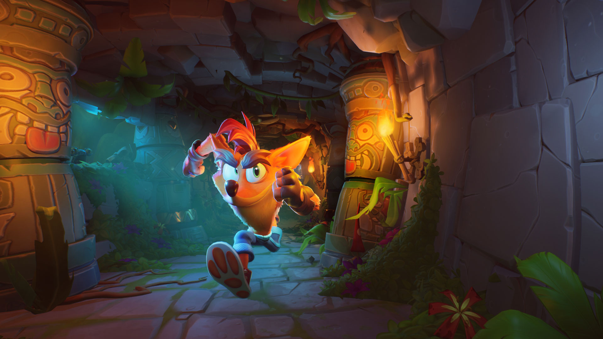Crash Bandicoot, Carved tiki totem pillars, Torchlit stone corridor, Full HD Desktop wallpaper