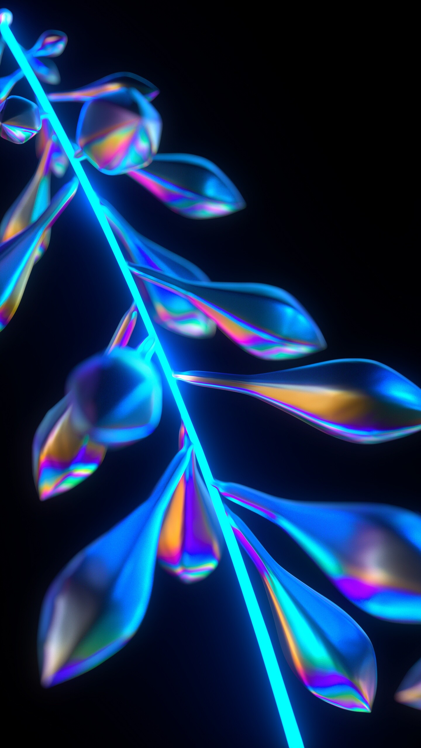 Glow in the Dark, 3D wallpaper, Neon leaves, Cyberpunk darkness, 1440x2560 HD Phone