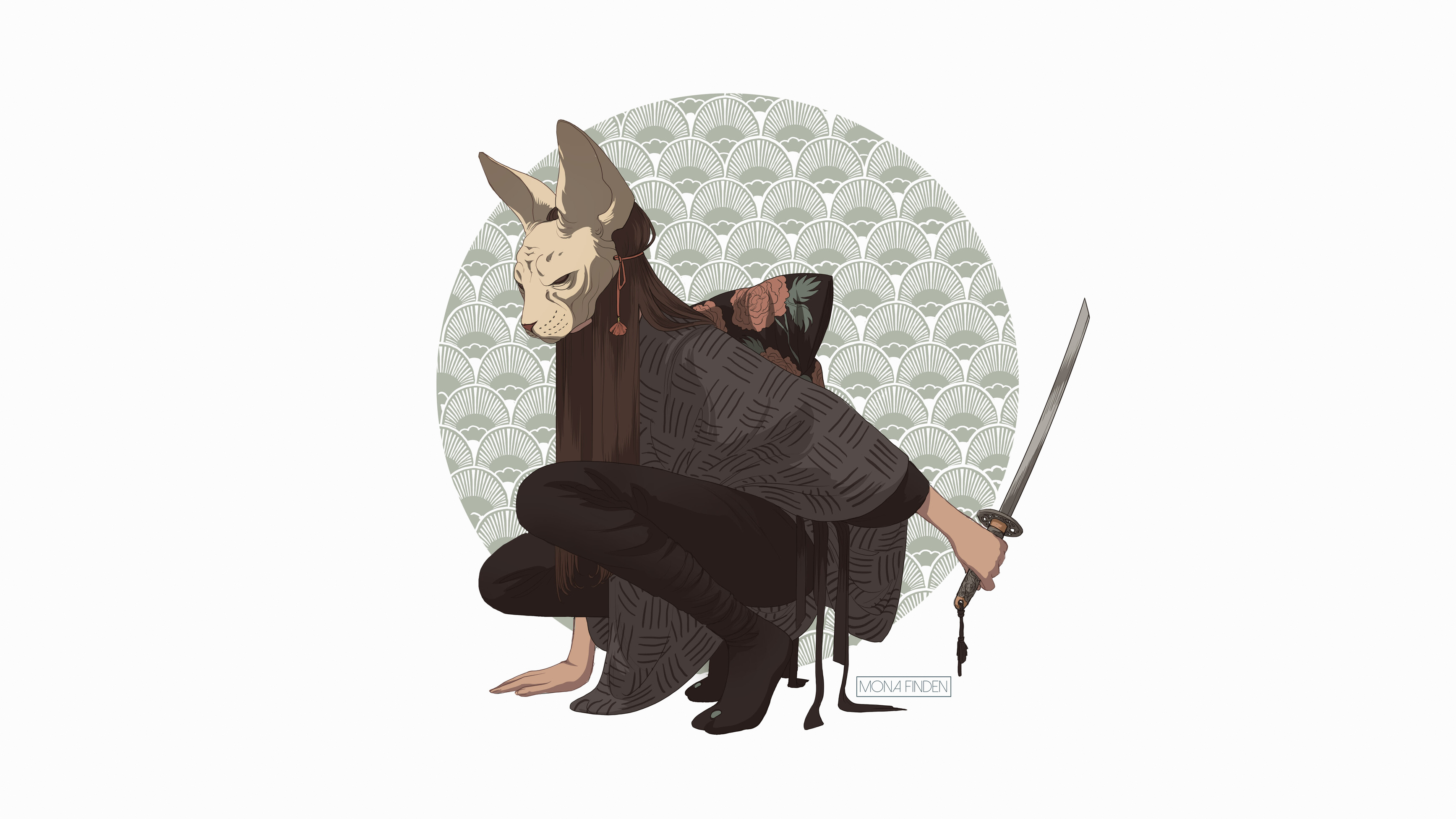 Mona Finden illustration, Masked crouching ninja, Japanese Seigaiha pattern backdrop, HD Desktop wallpaper