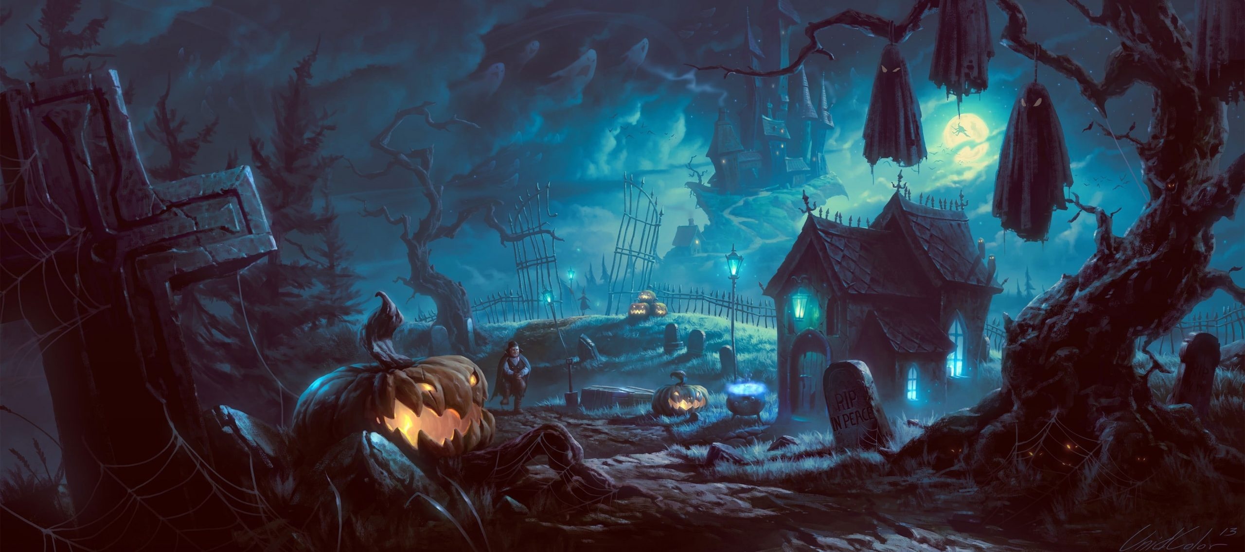 Cemetery, Halloween Haunted Houses Wallpaper, 2560x1140 Dual Screen Desktop