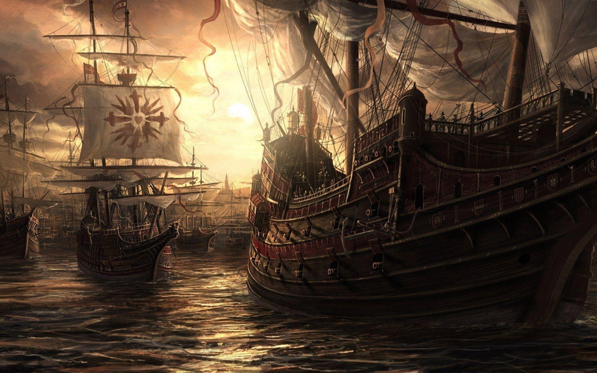 Galleon warship fleet, Emblem sail rigging, Golden sunset sea, HD Desktop wallpaper