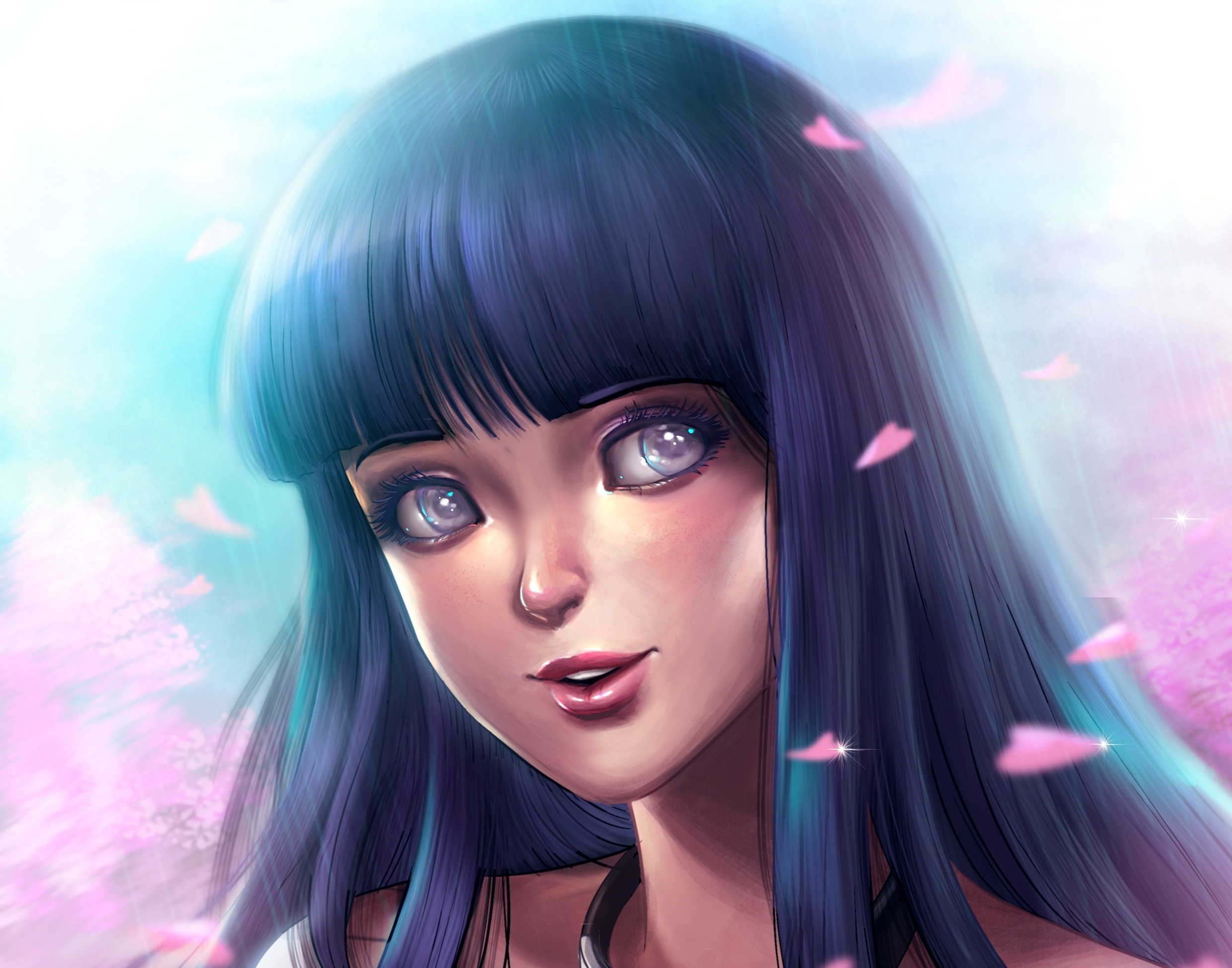 Hinata Hyuga, Byakugan, Hyuga Clan, Sakura petals, Close-up portrait, HD Desktop wallpaper